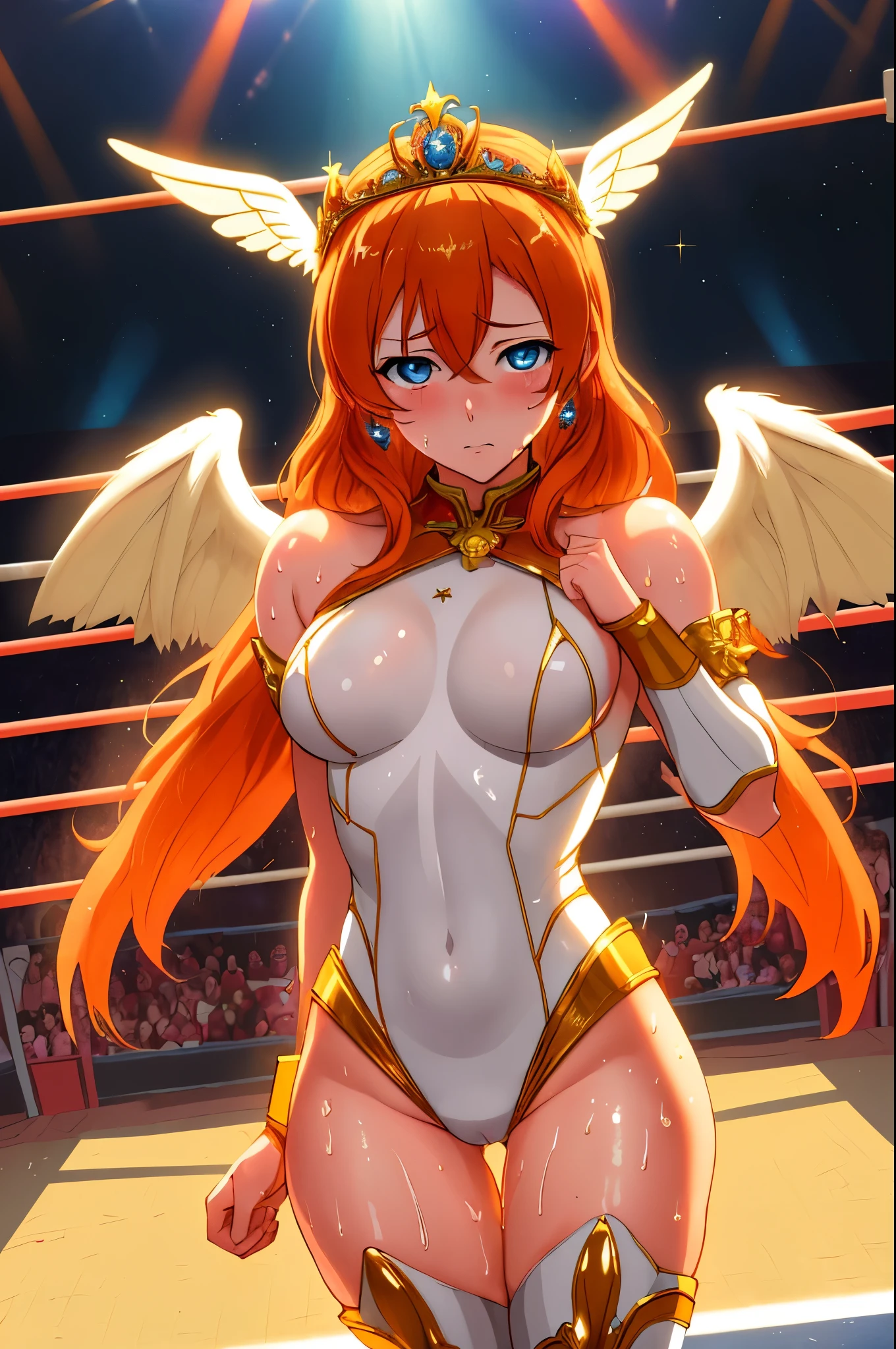 (Masterpiece, Best Quality, High Quality),volumetric lighting, illustration, beautiful,Kousaka honoka, cowboy shot, blue eyes, orange hair, white bodysuit, sexy, goddess wings, gold tiara,in wrestling ring, thighs , sexualised, from above, (sweaty) , trembling, standing , defeated pose ,pov