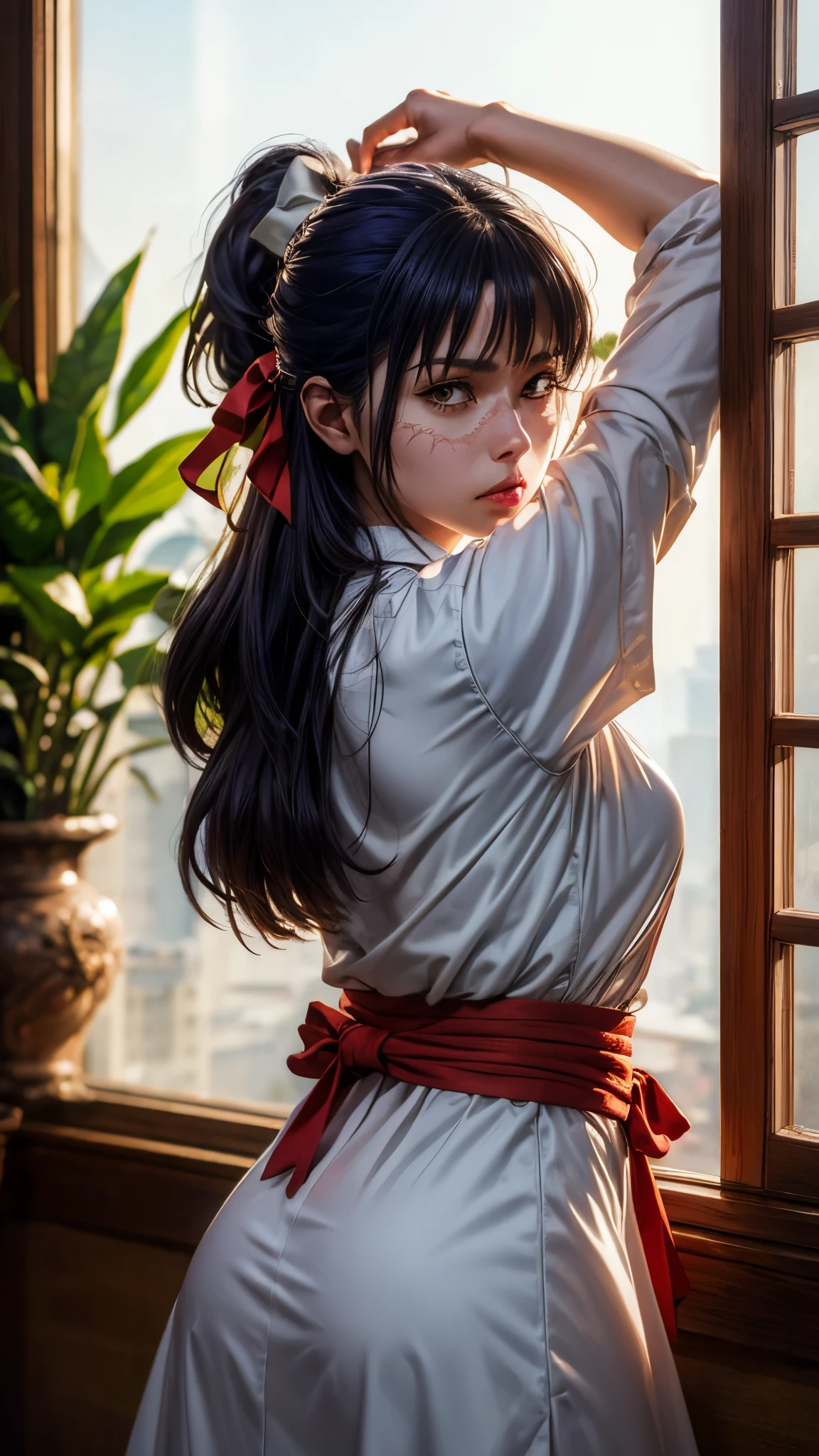 photorealistic, (4k), depth of field, (Masterpiece), (realistic skin texture), extremely detailed, intricate, hyper detailed, professional photography, bokeh, high resolution, sharp detail, best quality, woman, long hair, purple hair, ponytail, brown eyes, scar on face, white hairbow, red hakama, aUtahime, dynamic pose, (arms behind her back),  open window, light rays, windowsill, annoyed,