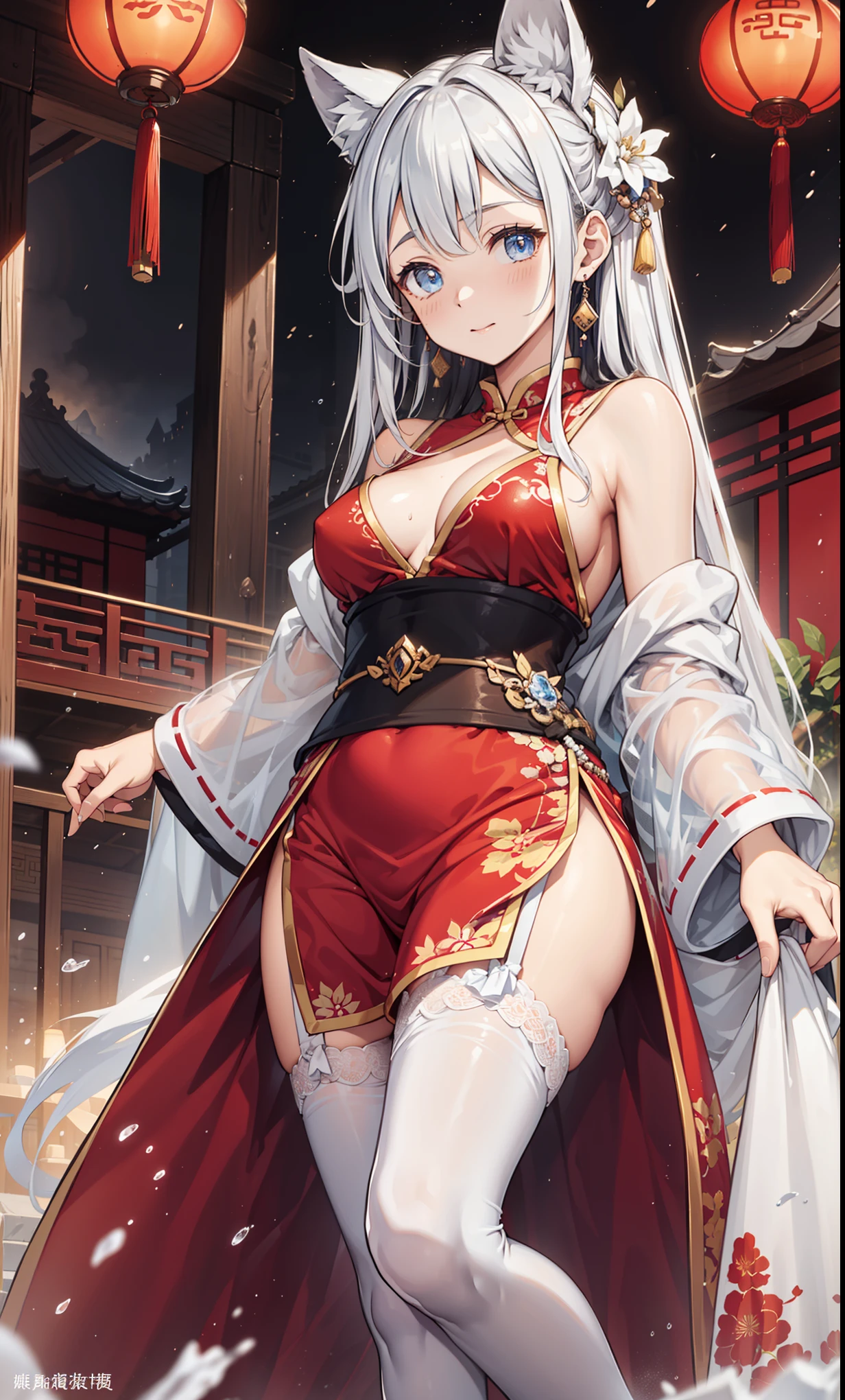 top quality，best resolution，(Soaked的白色长旗袍），super detailed, She has a white twin tail，20 years old young girl，Gorgeous的雕纹，Design intricate clothes，blue eyes，she has earrings, wealth，Gorgeous， imagine，Elegant and charming，Slightly curvy figure，((White transparent white garter stockings)),((Soaked，Adjacent to ancient Chinese hot springs，Foggy weather，Fantasy magic))，night，Glamorous pose，