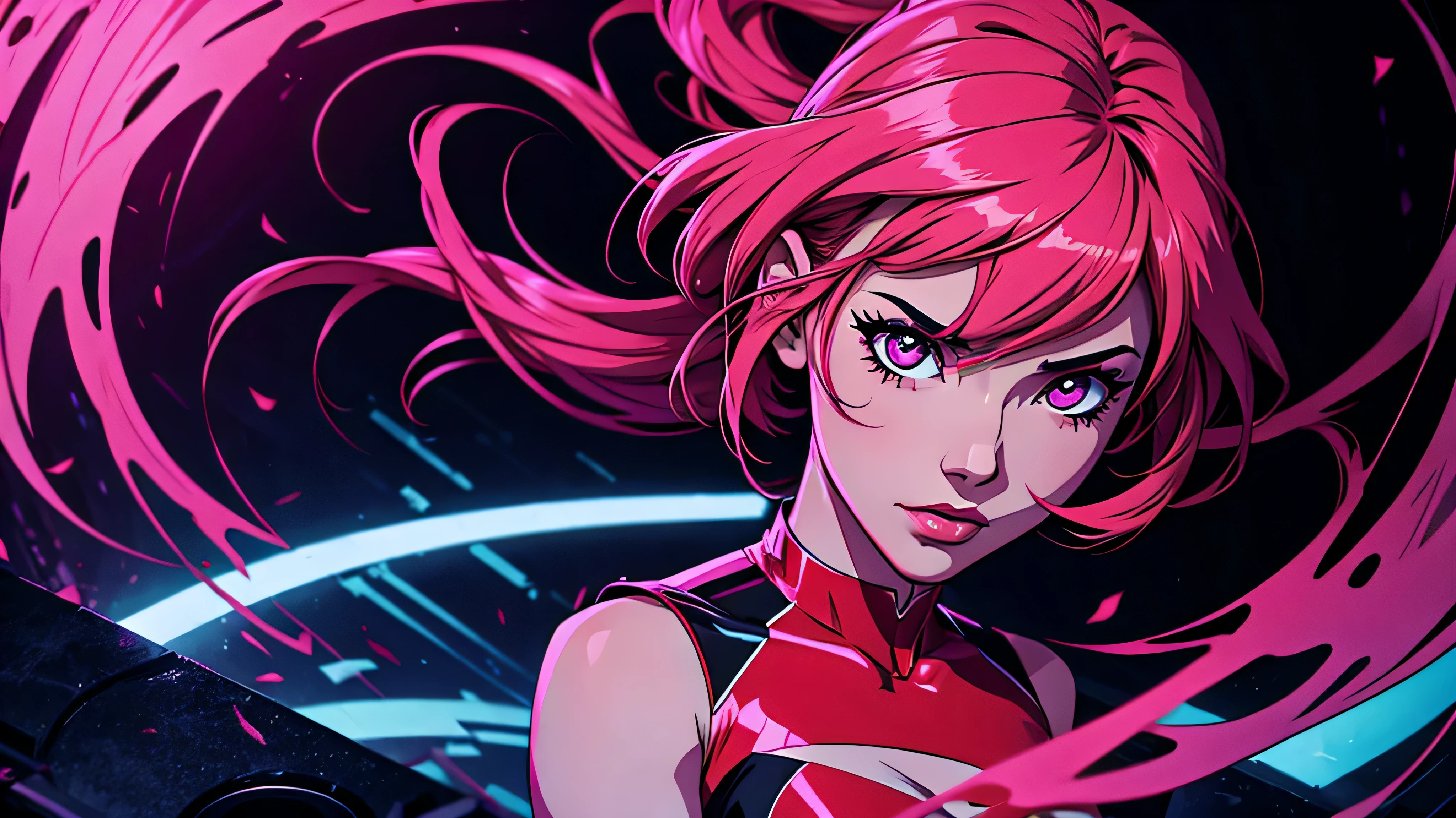 garota de anime, corpo inteiro, pernas, Capa do álbum Anime Phonk Brain Sick, musica, ondas sonoras, com cores vermelho e preto neon