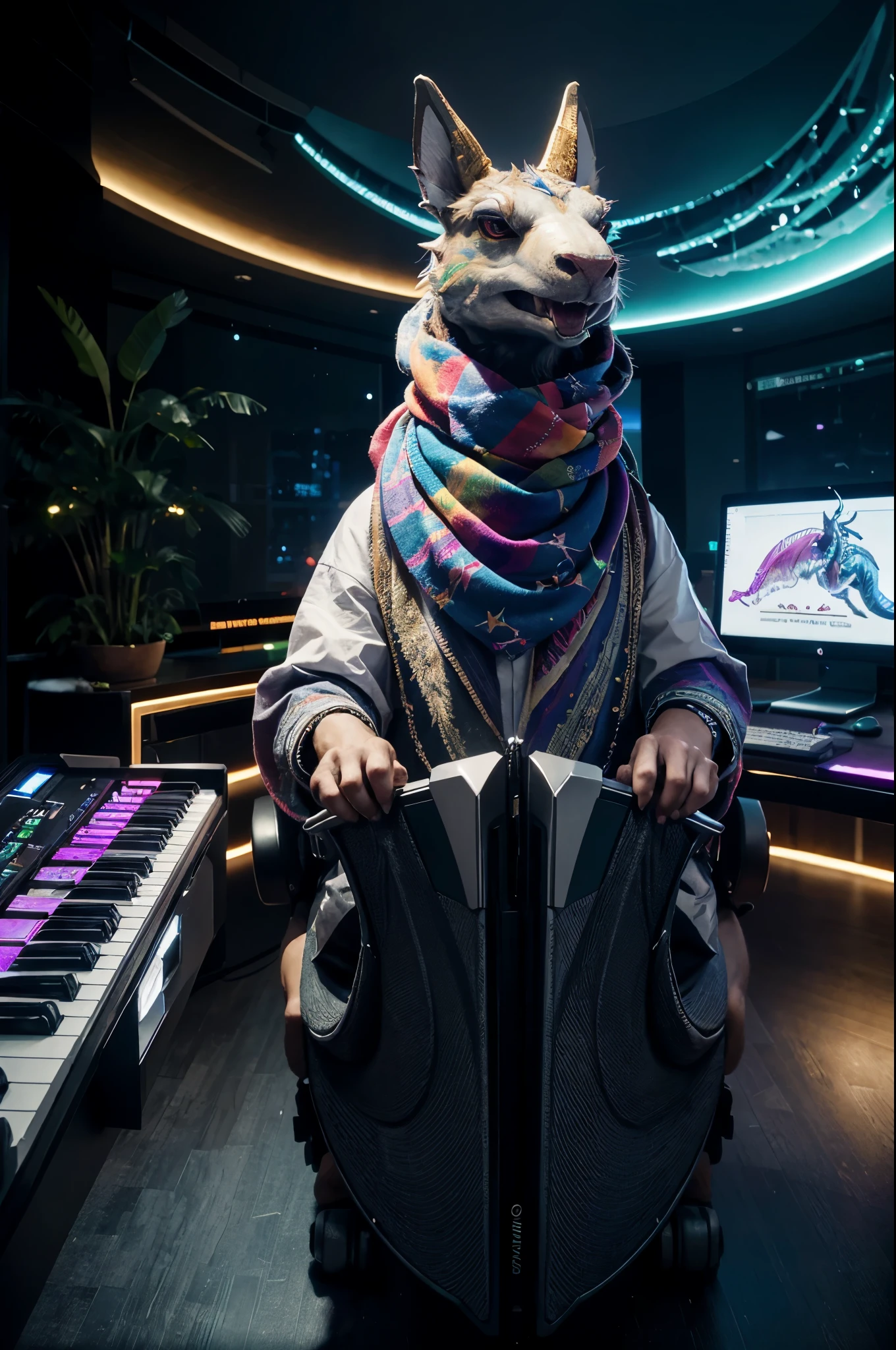 A furry named Prism Dragon sits at a curved desk, adorned with a cap and scarf. He faces two screens intently, fingers dancing across the keyboard as musical notes leap and dance on the displays, both showcasing FL Studio software. His eyes sparkle with creative fervor, his fingers deftly weaving melodies, summoning inspiration from the air. Surrounding him is an aura of creativity, each keystroke an exploration and expression of the musical realm.