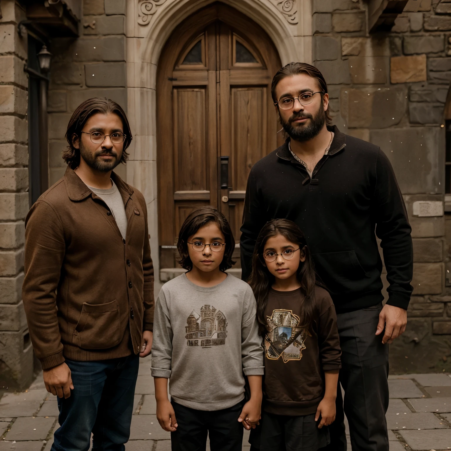 An 8 year old  and a 5 year old brown boy, a 30 year old brunette woman with glasses and a 30 year old man with salt and pepper hair and a scruffy beard going to Harry Potter&#39;s castle 