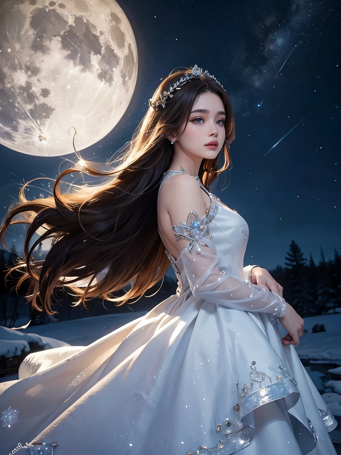 {{{{extremely detailed CG}}}},{{8K}}, {{{masterpiece}}}, (((best quality))), ((ultra-detailed)), beautiful detailed eyes, beautiful stunning face, extremely detailed face, beautiful luscious eyelashes, plump lips, extremely detailed skin texture, beautiful young woman, very long brown hair, icy blue eyes, stunning face, stunning dress, princess, snow princess, winter scene, snow, ice, ice lake, crystals, snow trees, full moon in sky, serene, glittery snow, illuminated by the moon, moonlight, (full background view), standing in foreground