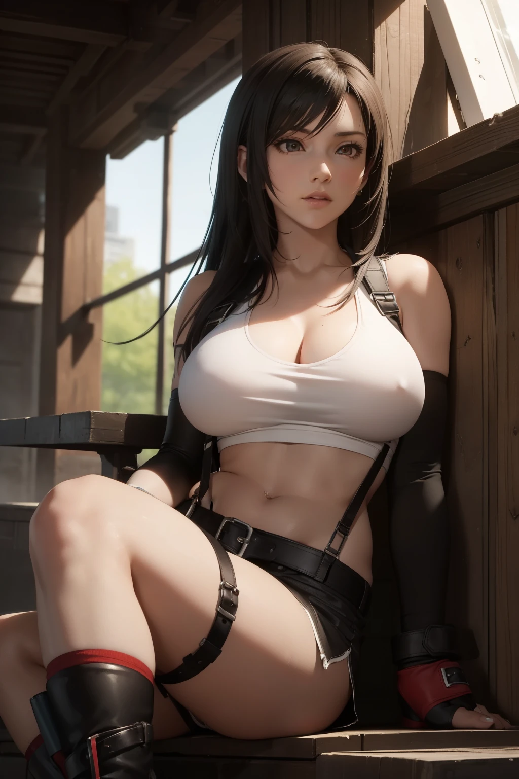 (masterpiece, best quality, cinematic, photorealistic, ultra-detailed), 1girl, sexy body, (Tifa Lockhart), (wide shot, from below:1.5), perfect hands, wide hips, (bursting breasts, large cleavage:1.3), round ass, (Tifa has very dark hair, varying brown to black, which typically falls on her back and is tied at the tips to form a dolphin-tail split), (Tifa wears a white tank top and black miniskirt with a belt and suspenders:1.5), (dons red and black gloves that extend to her elbows, red boots, black socks, and a metal guard on her left elbow.:1.2), (seductive pose, sitting crossed-legs:1.4), (detailed eyes, detailed pupil)