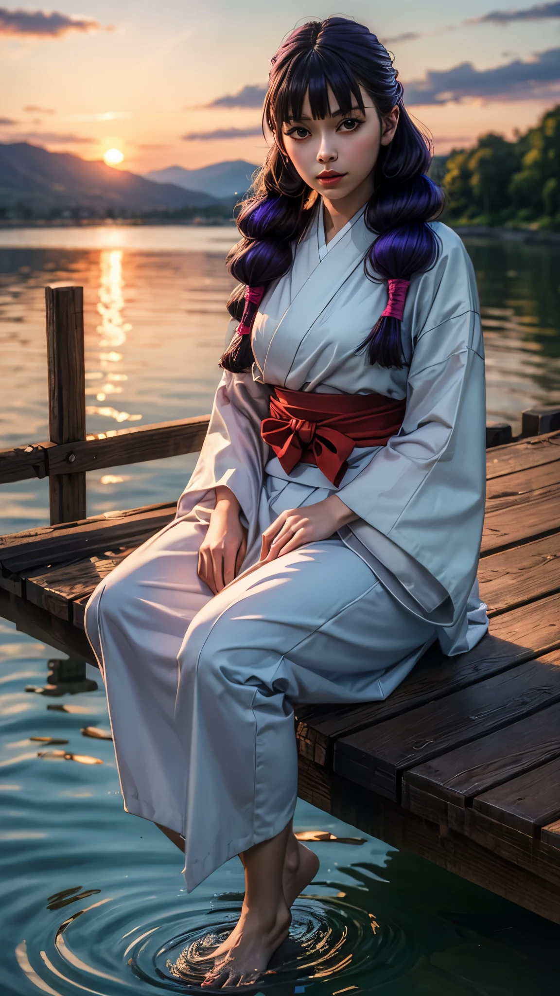 photorealistic, (4k), depth of field, (Masterpiece), (realistic skin texture), extremely detailed, intricate, hyper detailed, professional photography, bokeh, high resolution, sharp detail, best quality, girl, purple hair, twintails, bangs, brown eyes, red hakama, bUtahime, sunset, lake, sitting on a dock, feet in water, barefoot,