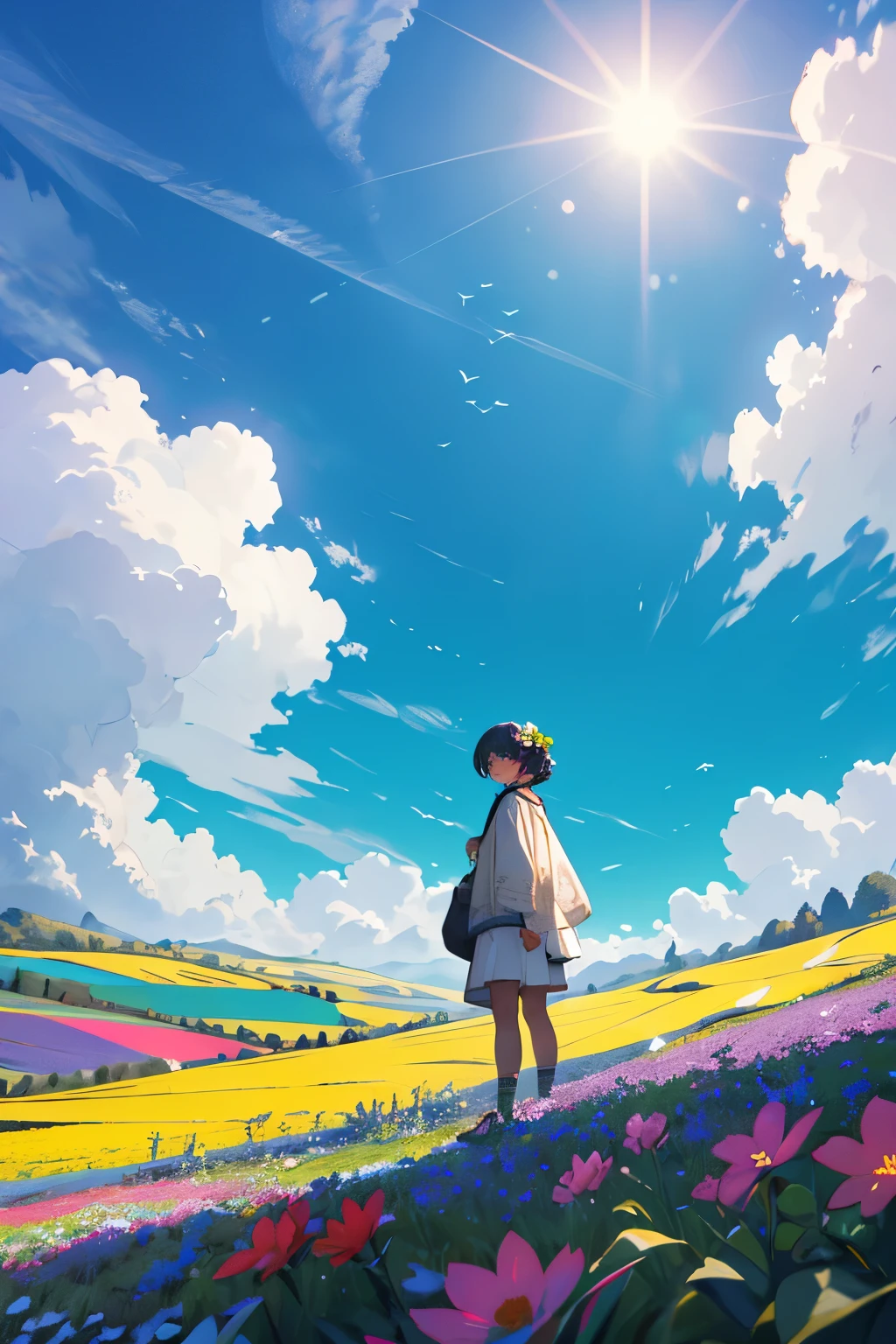 1 girl in the flower field, buterfly, blue sky, cloudy, sunny, ghilbi vibes
