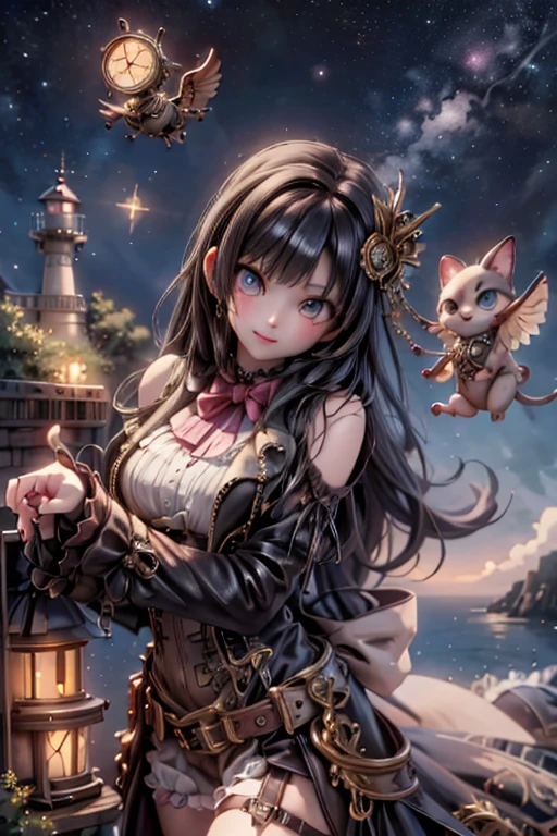 masterpiece, best quality, absurdress, a steampunk flying girl watching a nearby lighthouse on a nearby cliff, steampunk flying machine, steampunk lighthouse, ((at night)), starry sky