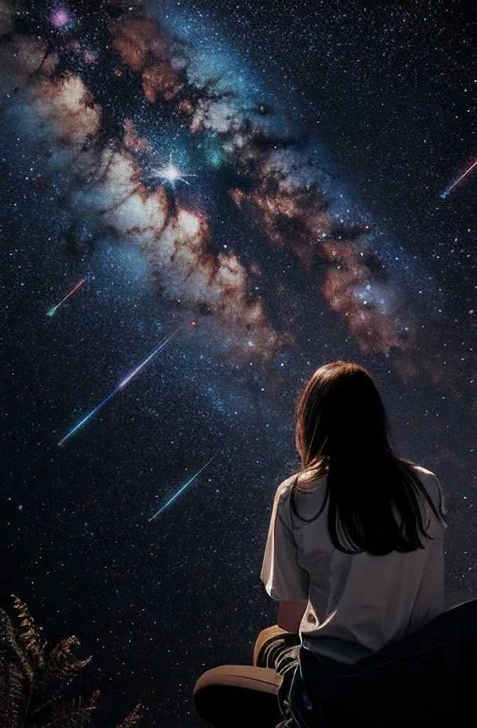 sentado nas estrelas e lendo um livro colorido e brilhante, rainbow colored cosmic nebula sky background, estrelas, galaxies