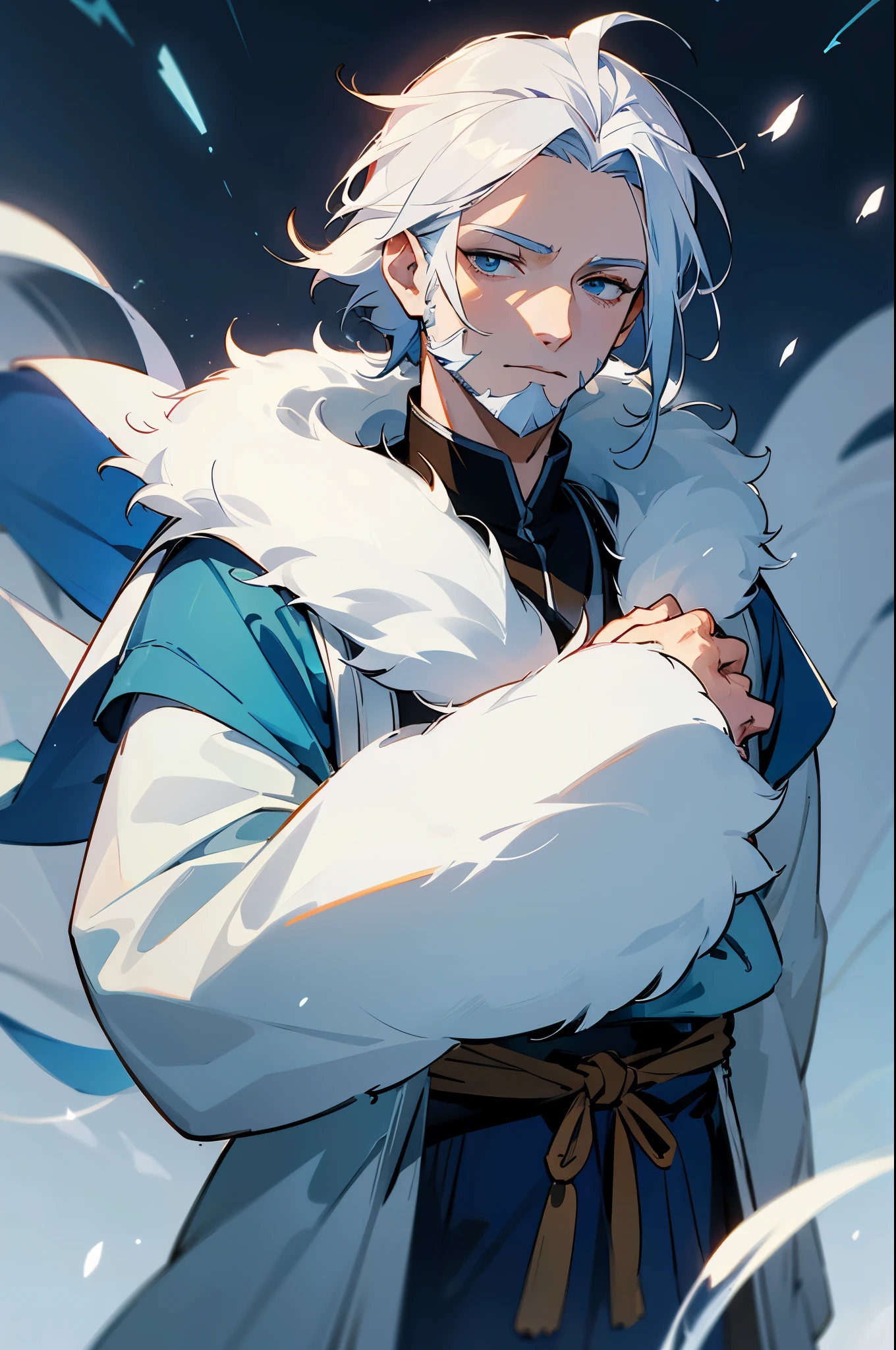 avatar, water bender, white hair, blue robe, white fur, snow background, young male, beard, 