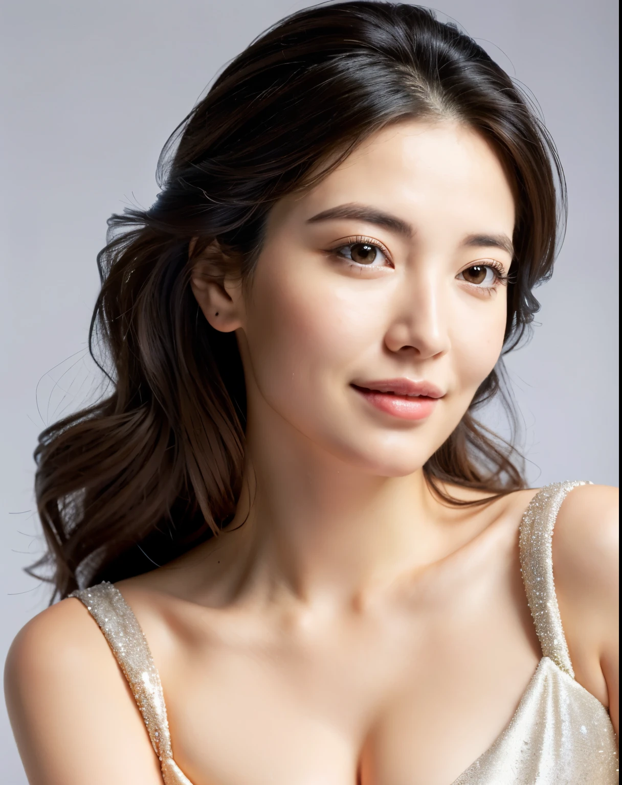 big_boobies, pure_body, clear_beautiful_face, shiny_longer_hair, same_background, same_dress, beautiful_mature_woman, dark_eyebrow, dark_eyelashes, beautiful_nose, realistic
