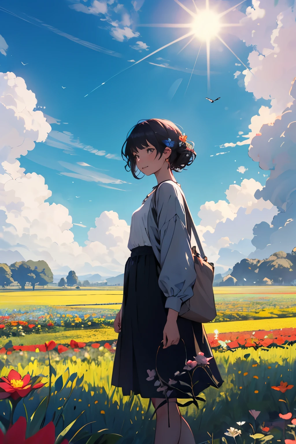 1 girl in the flower field, buterfly, blue sky, cloudy, sunny, ghilbi vibes