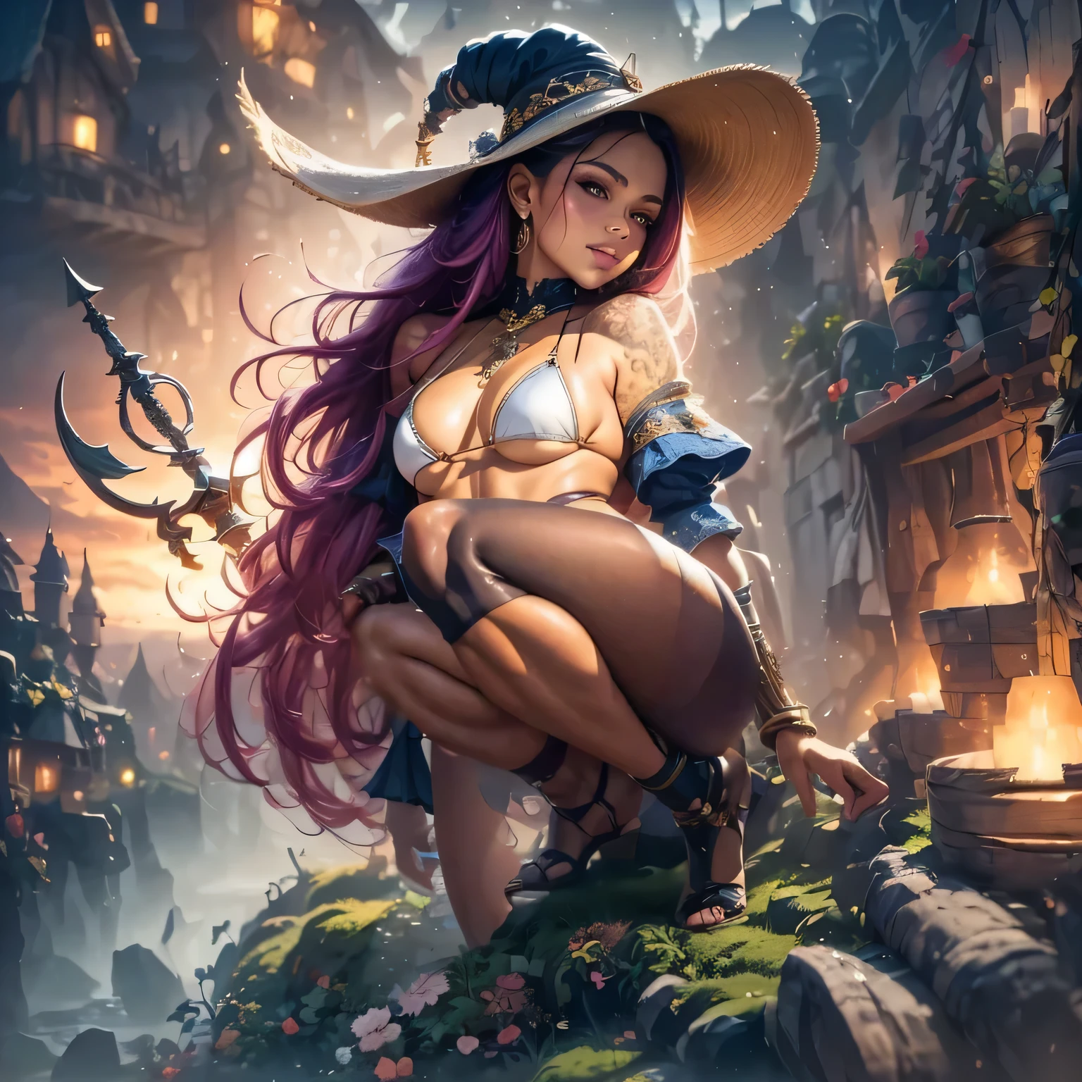 (remover o local marcado: 1.2), (full body: 1.2), Beautiful witch, 18 years old, fit and attractive body. The image must be high-quality 8k resolution and use advanced rendering techniques such as photon mapping, radiosity, and physical rendering with automatic white balance. The lighting should be cinematic, with masterful lighting and slightly intensified twilight. With magical witch effects. Details: The woman must have smooth, soft skin, with visible pores and a heart-shaped butt, a current trend in Brazil. She must wear a witch's hat and clothes, specifically cotton micro lingerie, with cotton panties or very short pajamas. The image should focus on your beautiful, symmetrical face, with ultra-detailed eyes, and the bikini line on your tanned skin. Pose: The woman must pose in a sexy way, looking directly at the viewer. She may be scantily clad, with small breasts and nipples visible, and her hair may be detailed with fringes and freckles. She should have a smiling expression. Background: The background of the magic and fantasy environment and must be ultra-detailed, rendered using CGI with Unreal Engine 5. But it must have a soft focus effect. Final artwork should not be based on a specific photograph, but should look realistic. Composition: The image should evoke a sense of technology and high-quality craftsmanship, reminiscent of a masterpiece of illustration and CG art. The composition must include elements of unity, wallpaper and official art. The final image must present fine details, extreme delicacy and beauty, with sharp focus and a high level of detail. (The construction of the image must be procedural based on the information described in this text: