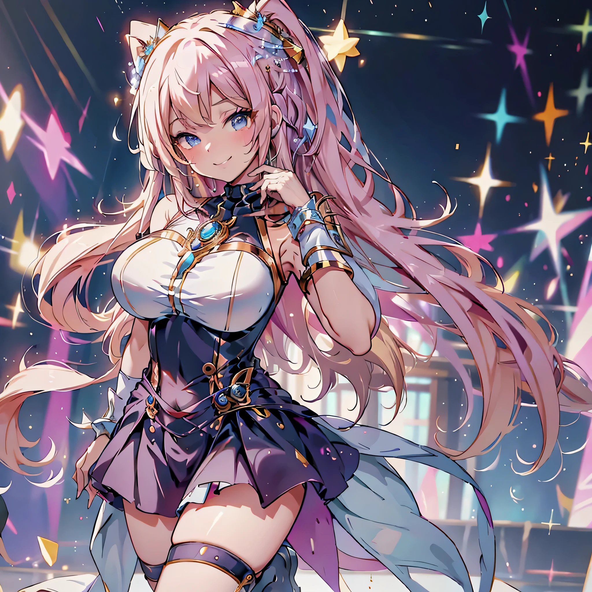 (masterpiece), best quality, expressive eyes, perfect face,(glitters:0.9), (Sparkle:0.9), (Shine:0.9), (Best quality), (Masterpiece:1.2), (Anime style),Idol girl,Extremely colorful,Colorful,Beautiful and delicate face and hair,Complete body,wavy hair,sexy dress,Lace,folds,Ruffles, stocklinguffin shoes,Seductive pose,The background is a luxurious stage,the night,Ready to get started,smiles,(huge breasts)