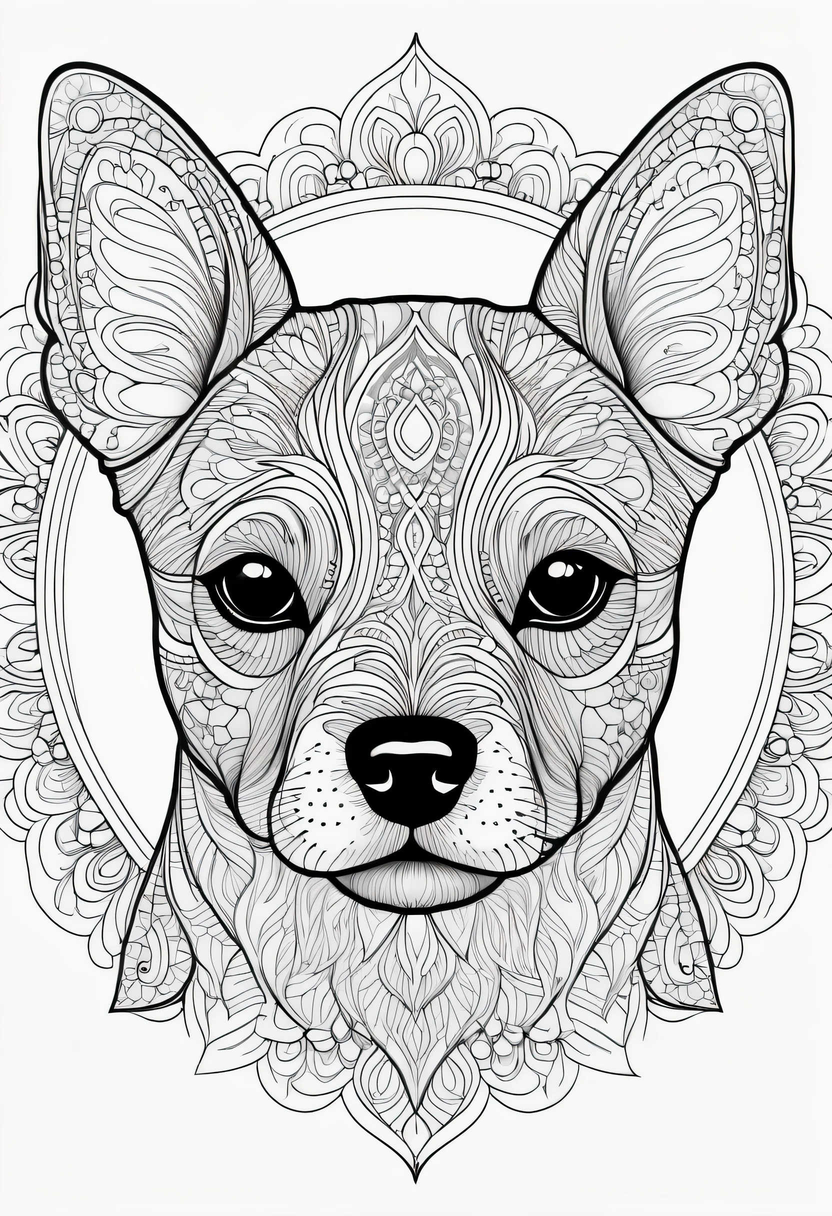 Coloring page for adults, linhas em negrito, linhas escuras, corpo de cachorrinho mandala, Mandala cara de cachorro, cara de mandala, symmetrical, fundo branco, arte de linha limpa, arte de linha fina 