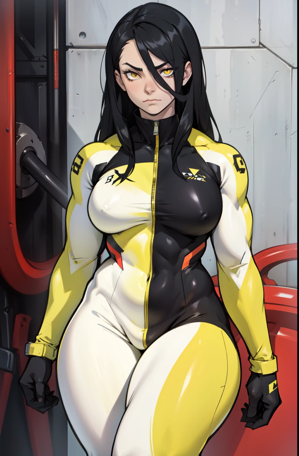 black hair yellow eye (((muscular))) (curvy) (contempt expression) solo bodysuit (1 girl) toned body pale skin
