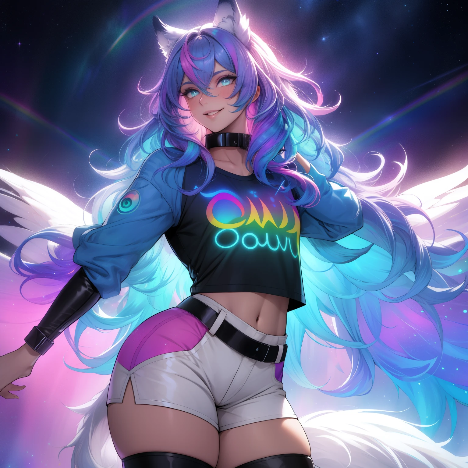 a short, skinny, young boy wearing a peacock inspired outfit, glowing blue eyes, wearing cropped t-shirt, flat chested, flat chest (SUPER FLAT CHEST) has wolf ears and a wolf tail, wide hips, pink lips, thick thighs, has long wavy rainbow gradient colored sparkly hair, twink, happy, blushing, flustered, curvy, solo, alone, (SOLO)(ALONE), has long wavy rainbow gradient colored sparkly hair, dynamic pose, dancing pose, wearing collar, showing thighs, risqué, crotch bulge 