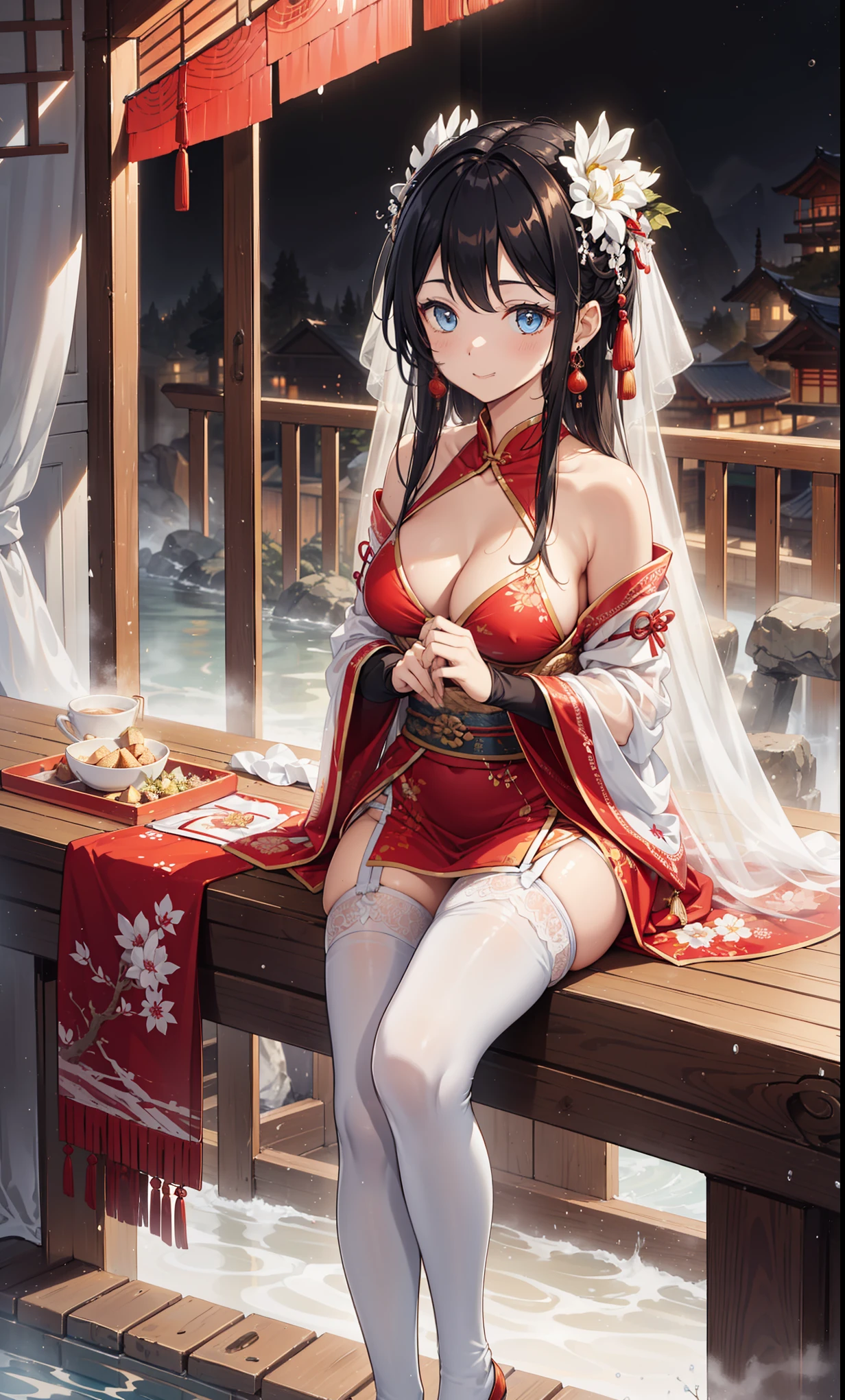 top quality，best resolution，(Soaked的白色长旗袍），super detailed, She has a white twin tail，20 years old young girl，Gorgeous的雕纹，Design intricate clothes，blue eyes，she has earrings, wealth，Gorgeous， Chinese headdress，Elegant and charming，Slightly curvy figure，((White transparent white garter stockings)),((Soaked，Adjacent to ancient Chinese hot springs，Foggy weather，Fantasy magic))，night，Glamorous pose，