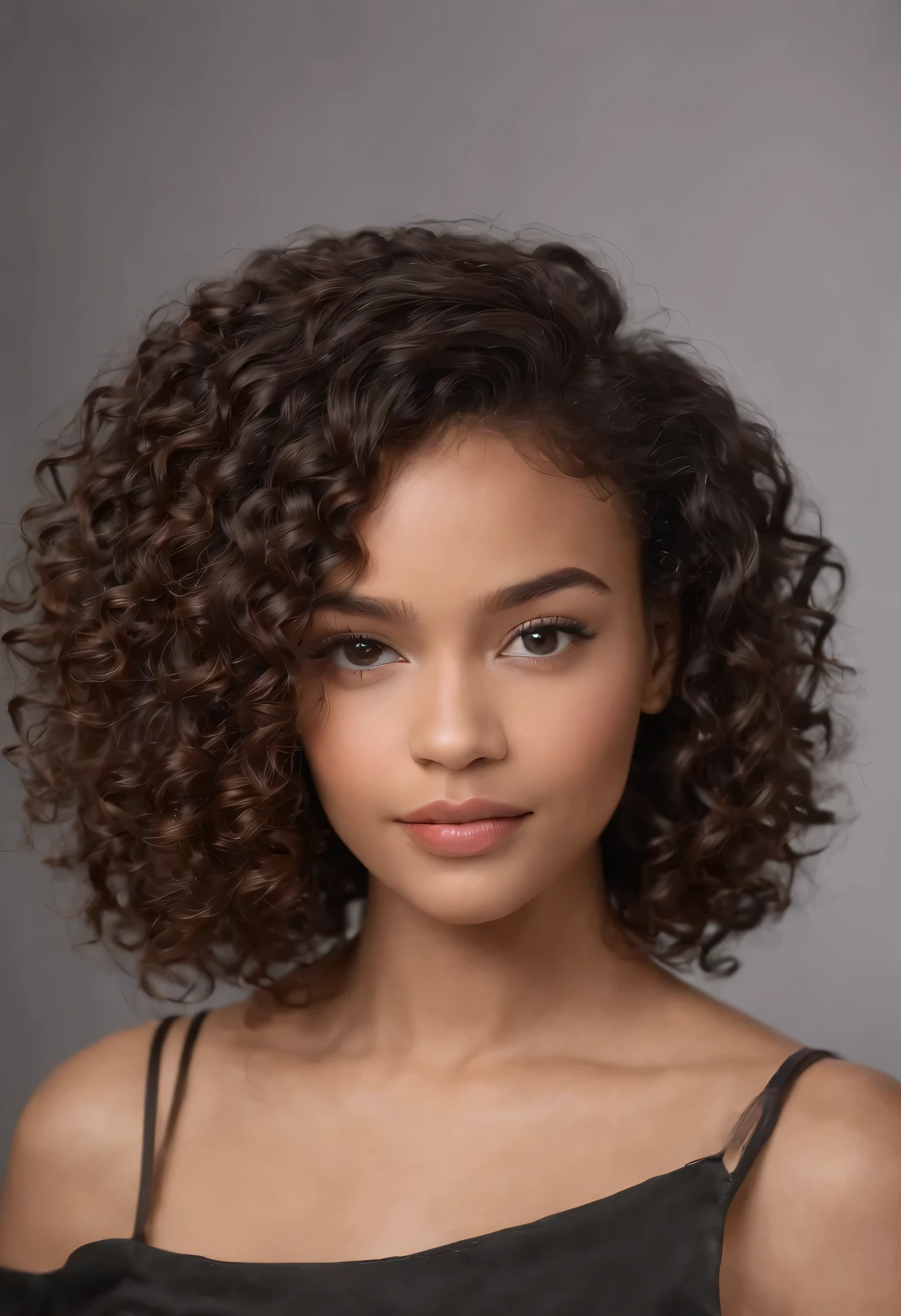 21 year old African American girl, 8 inch long curly hair, curly hair et courts, tribunal, Curly black hair, tribunal, curly hair, Curly fringe, tribunal, curly hair,  Messy loops, Curly black hair Natural black hair, long, curly hair, portant une expression heureuse et confiante. Her curls are well defined, semblent naturelles, elle regarde directement vers l'avant avec un radieux, L'image est au format portrait, comme si elle était dans un studio professionnel, avec un fond beige calcaire, Assurez-vous que l'image est réalisée en 8k pour une qualité maximale et qu'elle soit aussi réaliste que possible