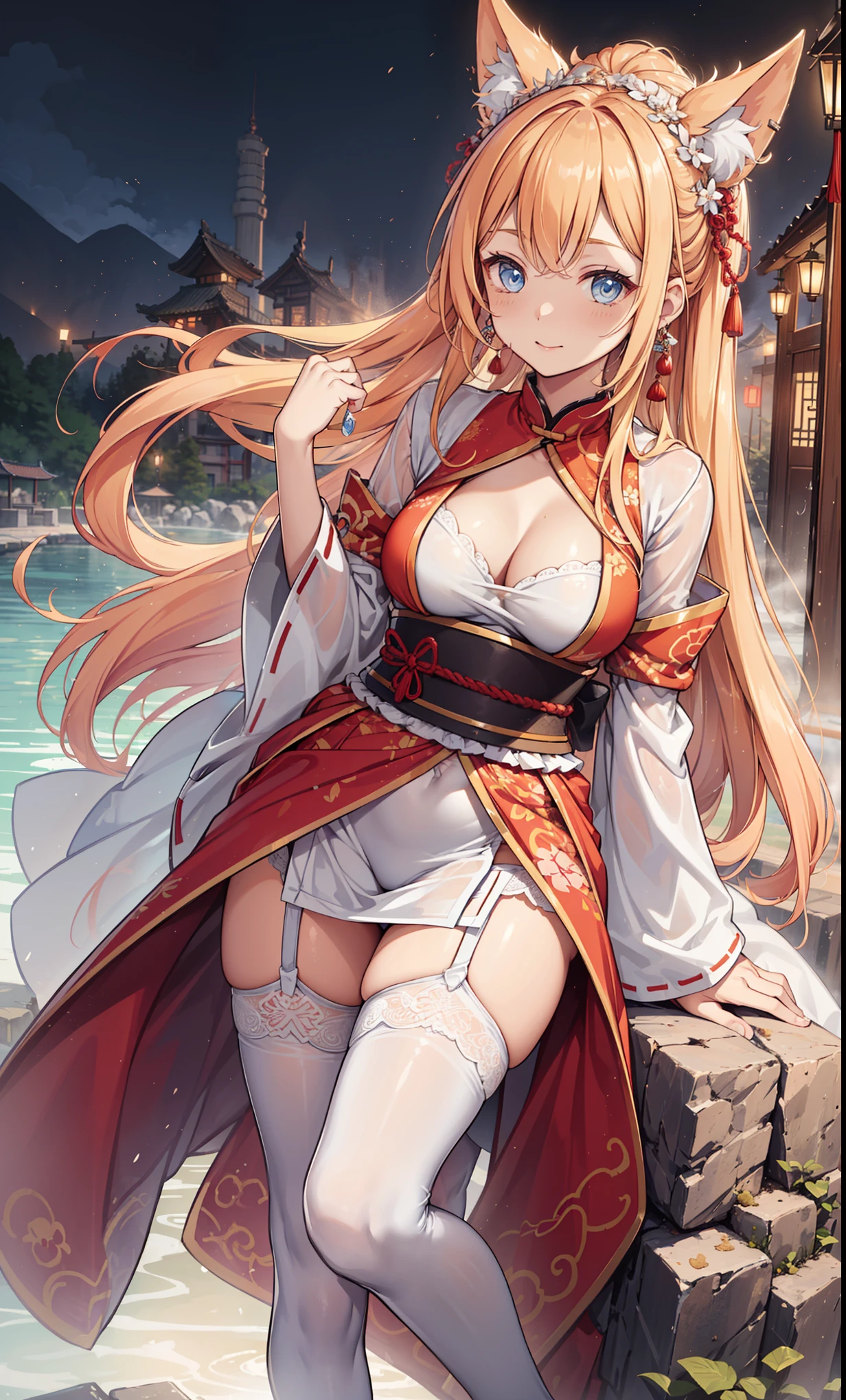 top quality,best resolution,(Soaked的白色长旗袍),super detailed, She has a white twin tail,20 years old young girl,Gorgeous的雕纹,Design intricate clothes,blue eyes,she has earrings, wealth,Gorgeous, Chinese headdress,Elegant and charming,Slightly curvy figure,((White transparent white garter stockings)),((Soaked,Adjacent to ancient Chinese hot springs,Foggy weather,Fantasy magic)),night,Glamorous pose,