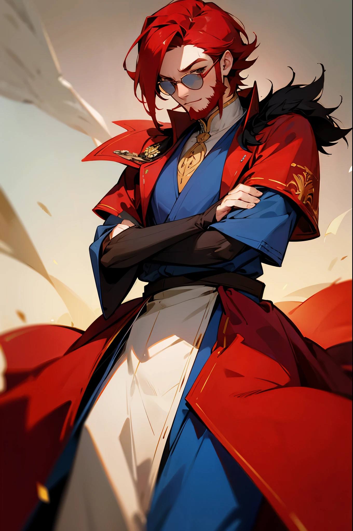 avatar, red hair, red robe, royal, young male, beard, blue royal outfit, red tinted glasses
