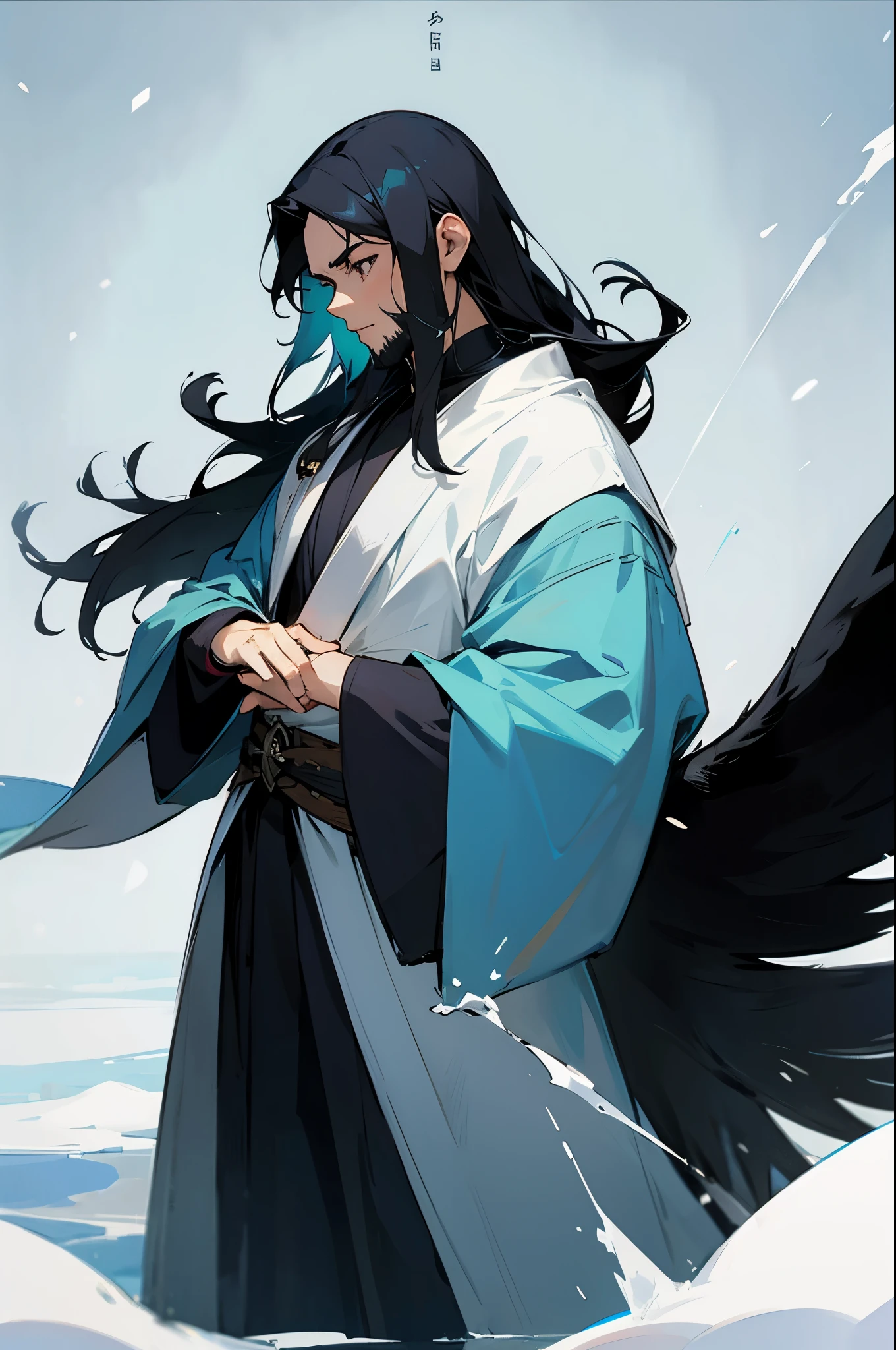 avatar, water bender, black hair, blue robe, black fur, snow background, young male, long beard, brown eyes