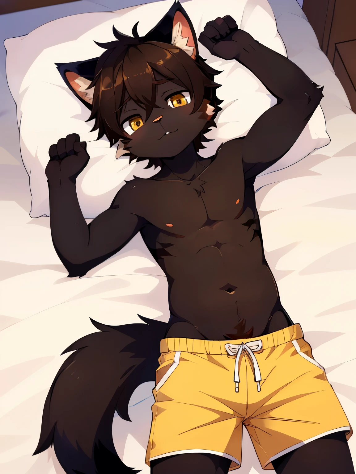 Digital drawing of a male furry character (young ), cute, animal-like limbs, wears shorts, topless, dark brown fur, dark brown body, (dark skin), tabby with darker stripes, lying on the bed on his back, average body complexion, full body art, anthro cat, kemono shota, fluffy tail and ears, unique, hd, (correct colouring)