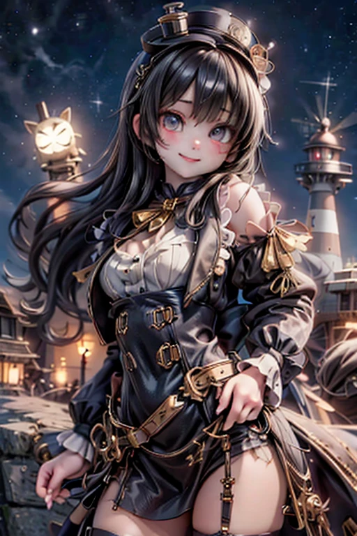 masterpiece, best quality, absurdress, a cute girl smiling watching a nearby lighthouse on a nearby cliff, steampunk flying machine, steampunk lighthouse, ((at night)), starry sky