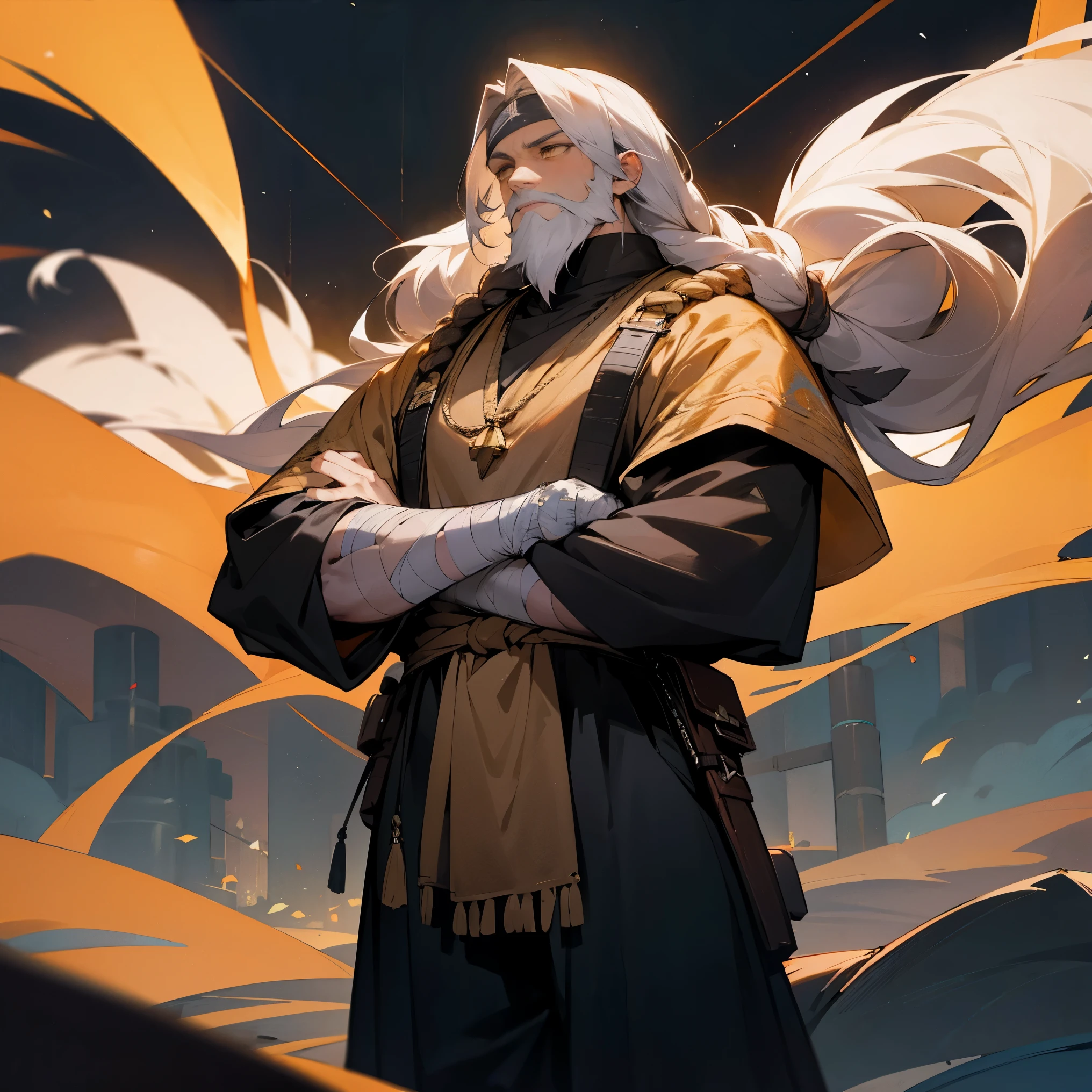 1male, adult, beard, finely detailed yellow eyes, long braided dreads, black ombré hair color, compression shirt, amulet, loose baggy pants, bandages wrapped around arms, standing with arms folded, standing on open trail, night, village, muscular, serious
