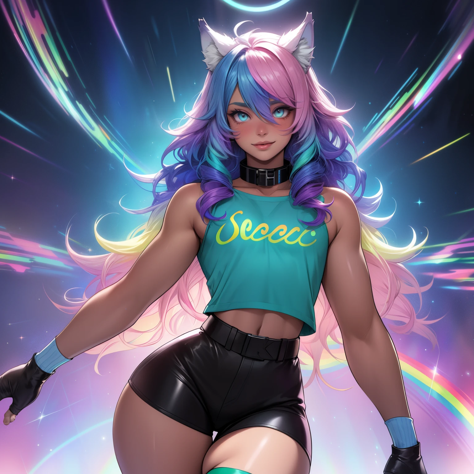 a short, skinny, galactic space young boy wearing a leather rainbow trench coat with a peacock inspired design, glowing blue eyes, wearing cropped t-shirt, flat chested, flat chest (SUPER FLAT CHEST) has wolf ears and a wolf tail, wide hips, pink lips, thick thighs, has long wavy rainbow gradient colored sparkly hair, twink, happy, blushing, flustered, showing thighs, wearing thigh high boots, wearing short shorts, curvy, solo, alone, (SOLO)(ALONE), has long wavy rainbow gradient colored sparkly hair