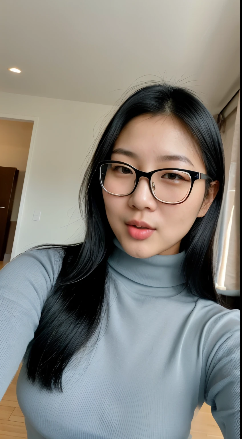 korean woman, black hairwith light blue roots. asian, thick, big breast, buff, short hair, very long tongue, tongue out, drooling, mouth full of saliva, wears thick turtleneck, wears glasses, wears suit, Beautiful, Front view, selfie, 0.5 selfie, photo taken with iPhone, high quality, selfie iPhone