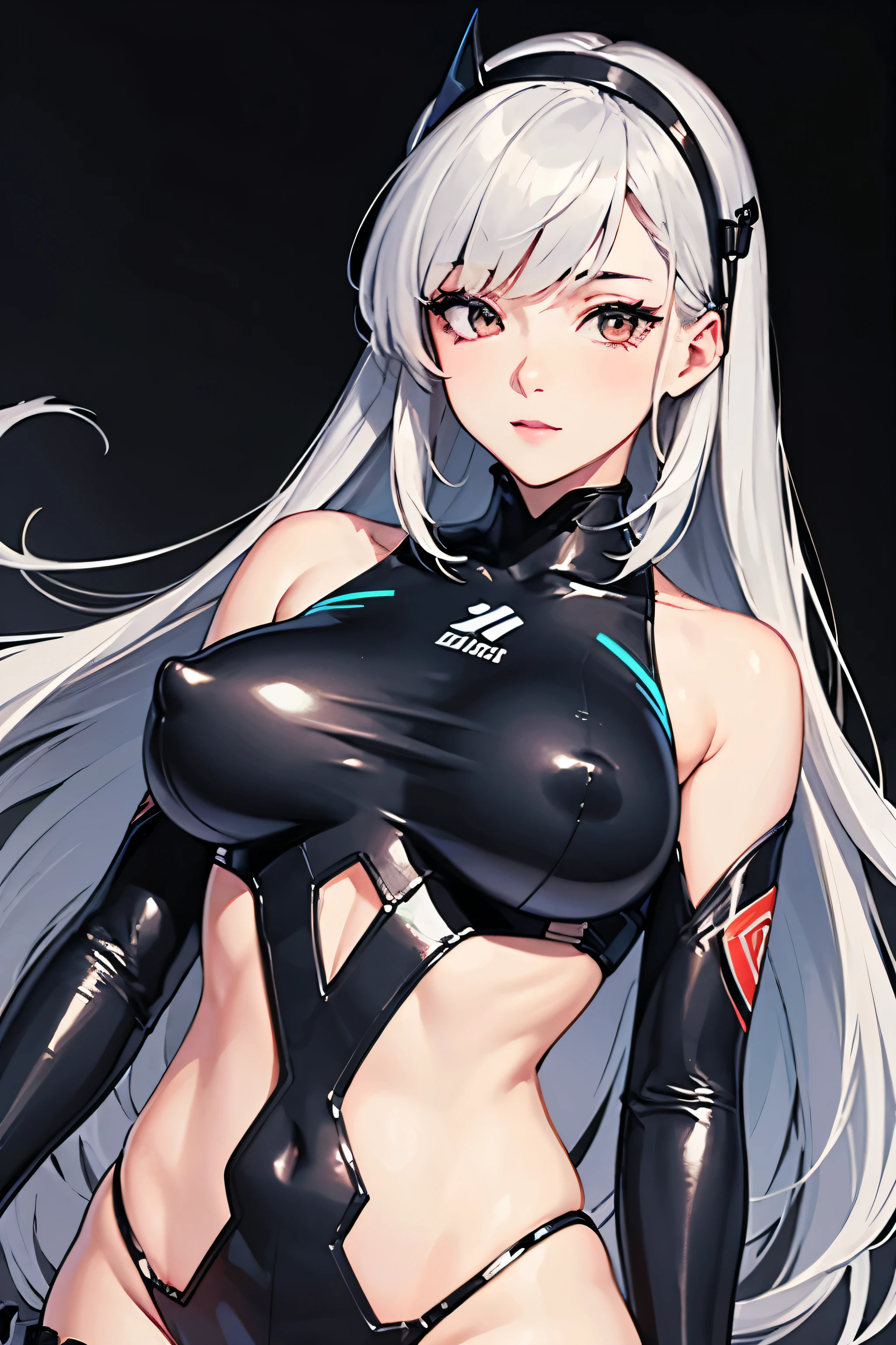 (masterpiece, highest quality) be familiar with, 1 character , Blue Archive Art Style , Washed pastel colors , cell shade , soft, Calm colors ,gentle color ,Beautiful woman , How to wear it with a futuristic bodysuit , very long hair , gray hair , red eyes , big breasts, under the breasts, thick eyelashes, Mysterious, half closed eyes , athletic build, covered nipples