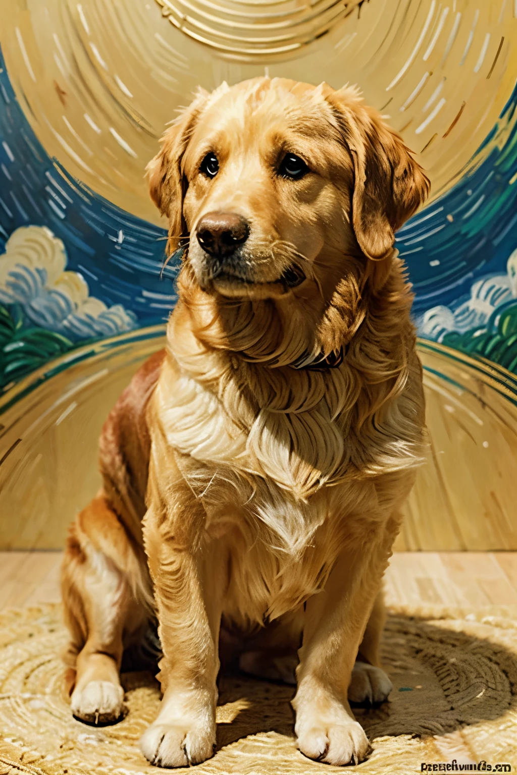 genera una ilustracion de la raza de perro golden retriver tipo ilustracion en pintura estilo van gogh