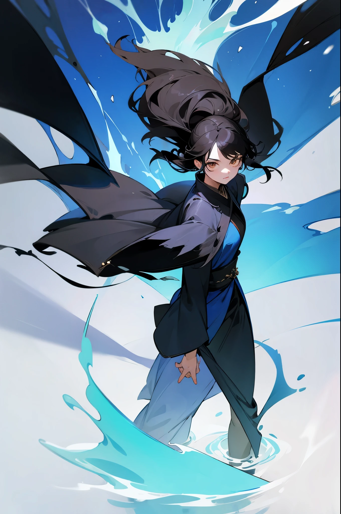 avatar, water bender, black hair, blue robe, black fur, snow background, young woman, brown eyes, black hair