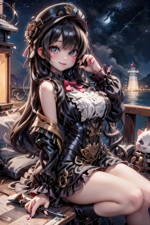 masterpiece, best quality, absurdress, a cute engineer smiling, steampunk clothing, watching a nearby lighthouse on a nearby cliff, ((at night)), starry sky,