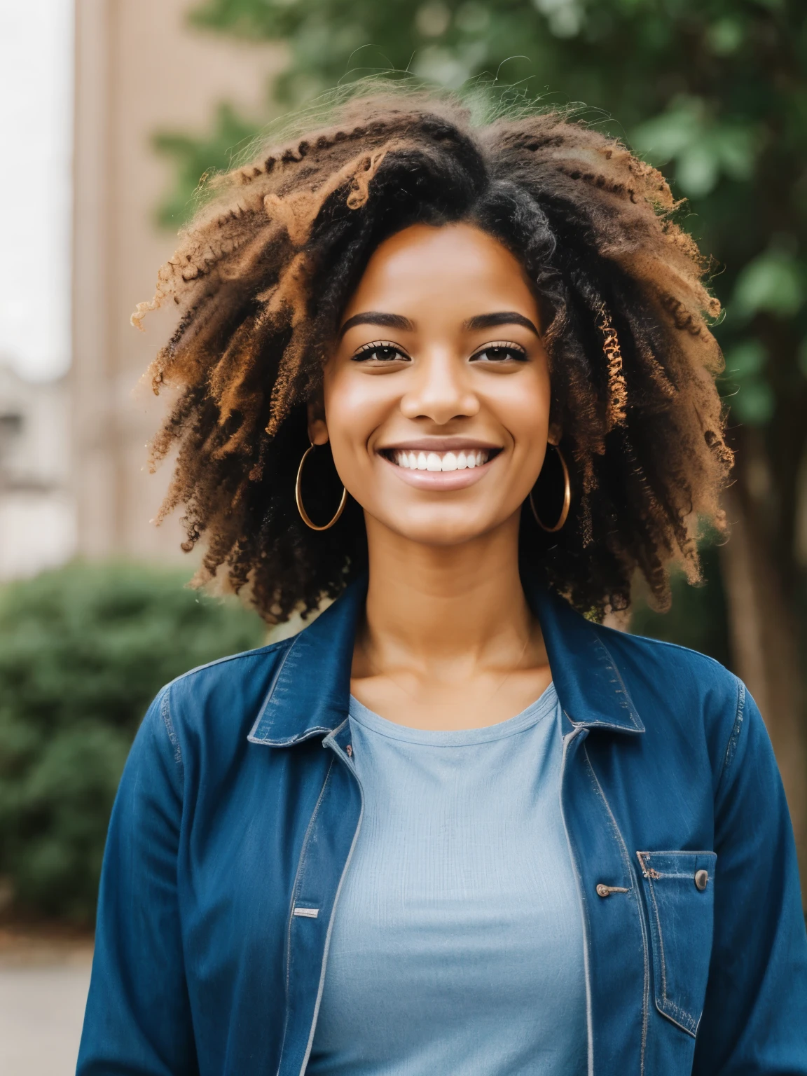 a woman with curly hair smiles and smiles