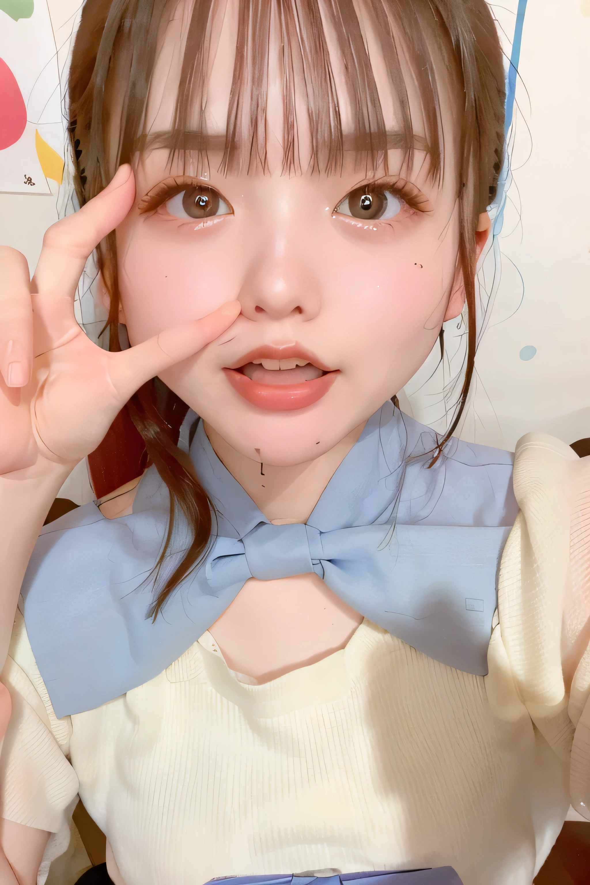 Ulchan-6500-v1.1, (highest resolution, clear_Image 1.2) 、(Beautiful girl with golden ratio face)、(18 year old girl)、(very vivid eyes、wolf eyes 1.2)、wonderful, table top, high detail, lip gloss、very beautiful girl、 alone, beautiful girl like a model、(long sleeve sailor suit、highly detailed pleated scarf, beautiful and detailed eyes, beautifully detailed nose,((((lick your tongue)))、Top quality photo masterpiece、amazing realism photography、Surrealist female portraits by David Hockney and Alphonse Mucha,