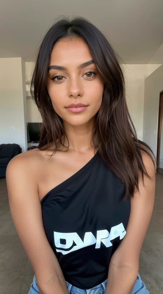 solo la cara Hermosa morena  vistiendo una camiseta negra , vaqueros (In a room ), muy detallado, 22 years, , , cara inocente, cabello ondulado natural, Brown eyes, high resolution, Obra maestra, Mejor calidad, alto detalle intrincado, muy detallado, sharp focus, Piel detallada, textura de piel realista, textura, ojos detallados, profesional, 4k, sonrisa encantandora, disparado en Canon, 85mm, poca profundidad de campo, kodak vision color, cuerpo en forma perfecta , extremadamente detallado, Photography_\(ultra\), fotorrealista, realista, Postprocesamiento, maximum details, aspereza, vida real, Ultra realista, Photorealism, Photography, 8k UHD, Photography, tetona