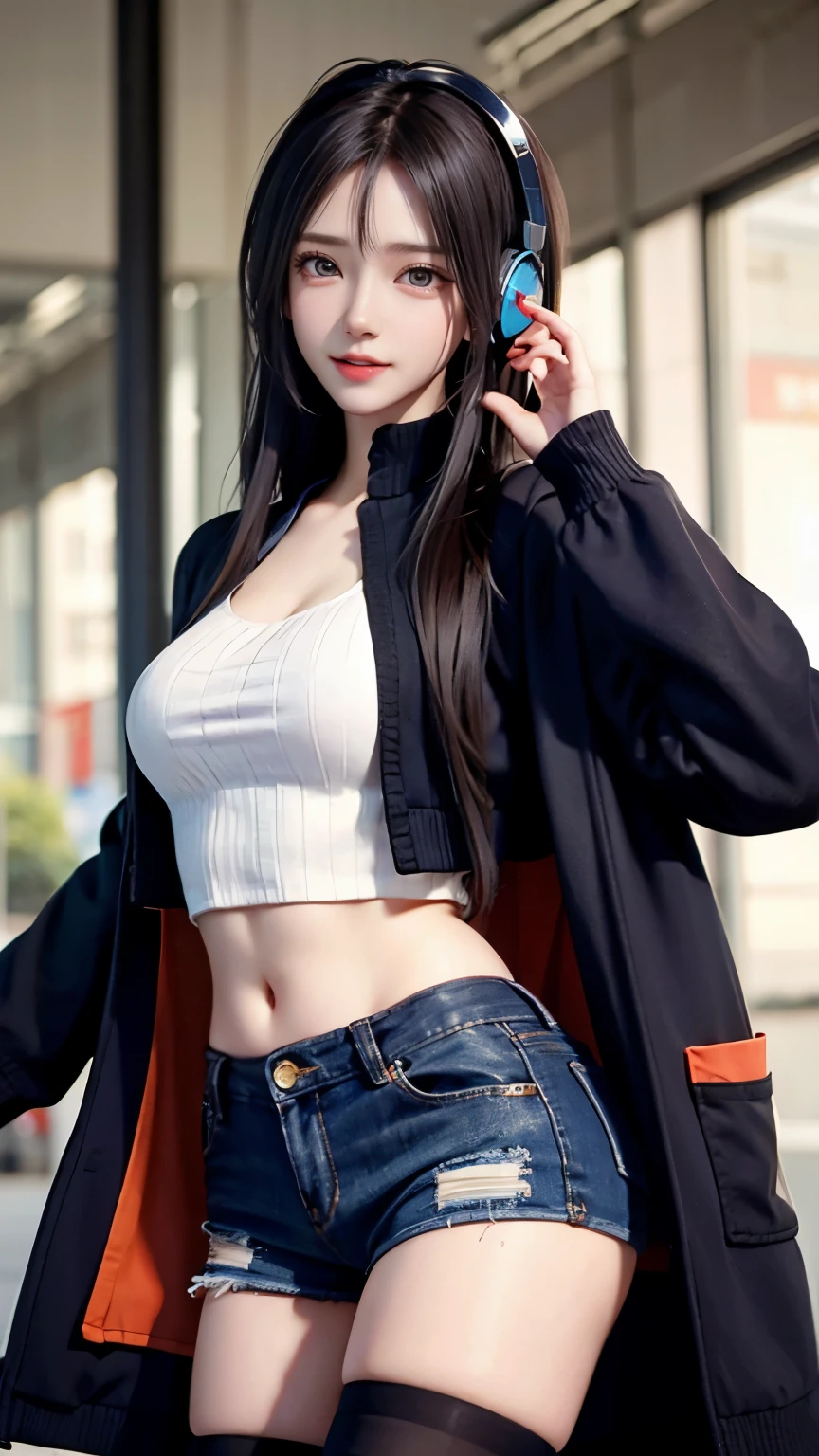 Carrot、Supermodel、perfect shape、Muchimuchi、Three girls are looking at the viewer、 3 girls、、Thighhighs、beautiful feet、hot pants、coat、cyber punk、headphone、gentle smile、Seen by girls from below、Innocent face
