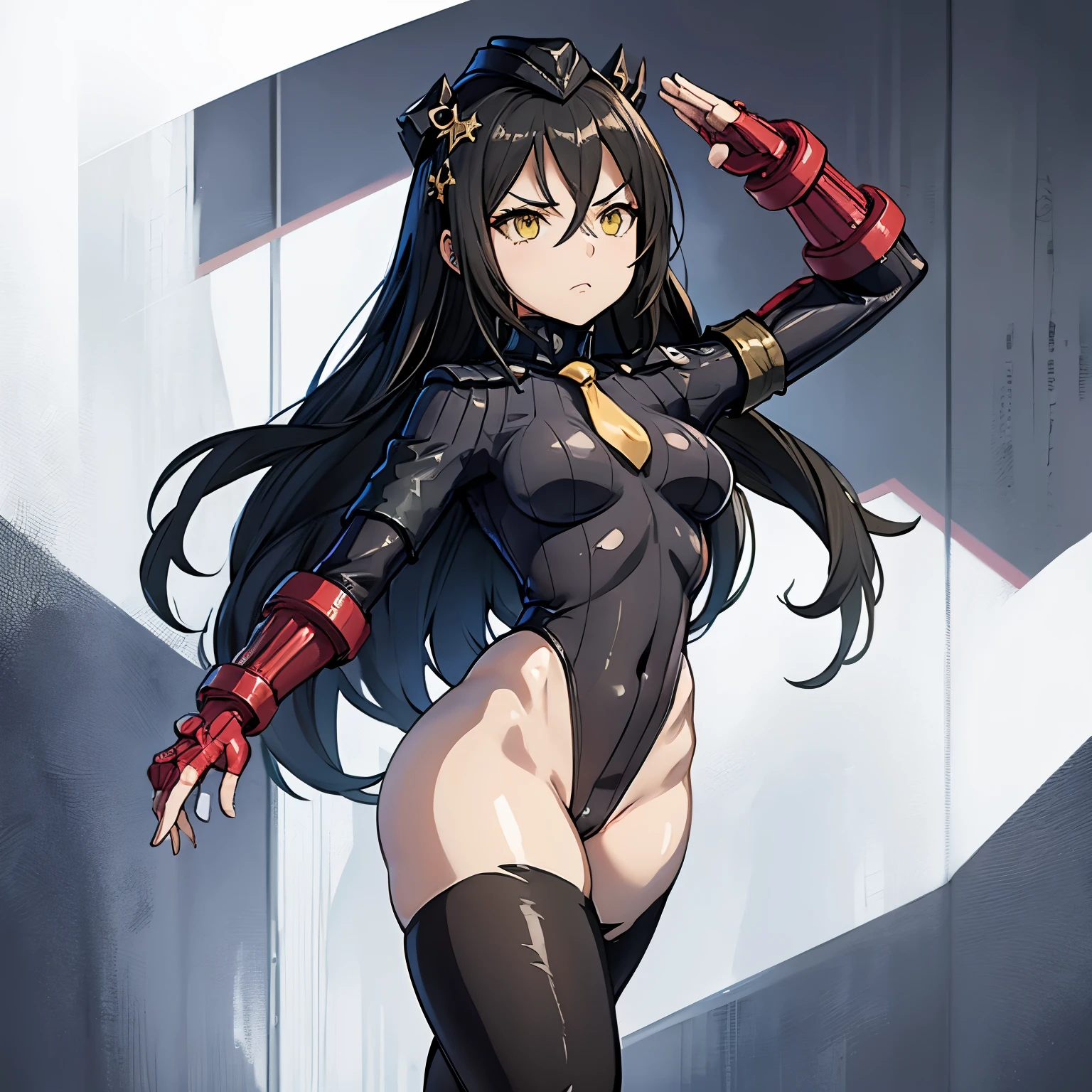 ultra-detailed, Explicit, Beautiful body, Beautiful Nose, Beautiful character design, perfect eyes, perfect face, ultra highres, 4K, beautiful legs, perfect legs, Nice hands, Perfect hand, Masterpiece, Best Quality, Highly detailed, illustration, absurdres, perfect anatomy, street fighter, doll suit, shadaloo doll, dollsuit, expressionless, blank eyes, looking at viewer, red gloves, emotionless, black latex, corrution, mind control, female combatant, full body, hypnotized, unhappy trance, full body suit, ribbed bodysuit, both arms at side, obey, perfect female body, extremely glossy latex, hypnosis, hypnoLora, empty eyes, Mind control device, poses, submissive_pose, Slave, standing straight, standing, standing at attention, hat, necktie, belt, latex, ribbed bodysuit, thighhighs, garter belt, Fighting Stance, extending the right arm from the shoulder into the air with a straightened hand, military, thigh boots, black pantyhose, (((pixel-perfect, detail-perfect))), solo, 1girl, hair ornaments, long hair, black hair, hair ribbon, yellow eyes, Judge, Girls' Frontline, small breast, short, saluting, salute, military saluting