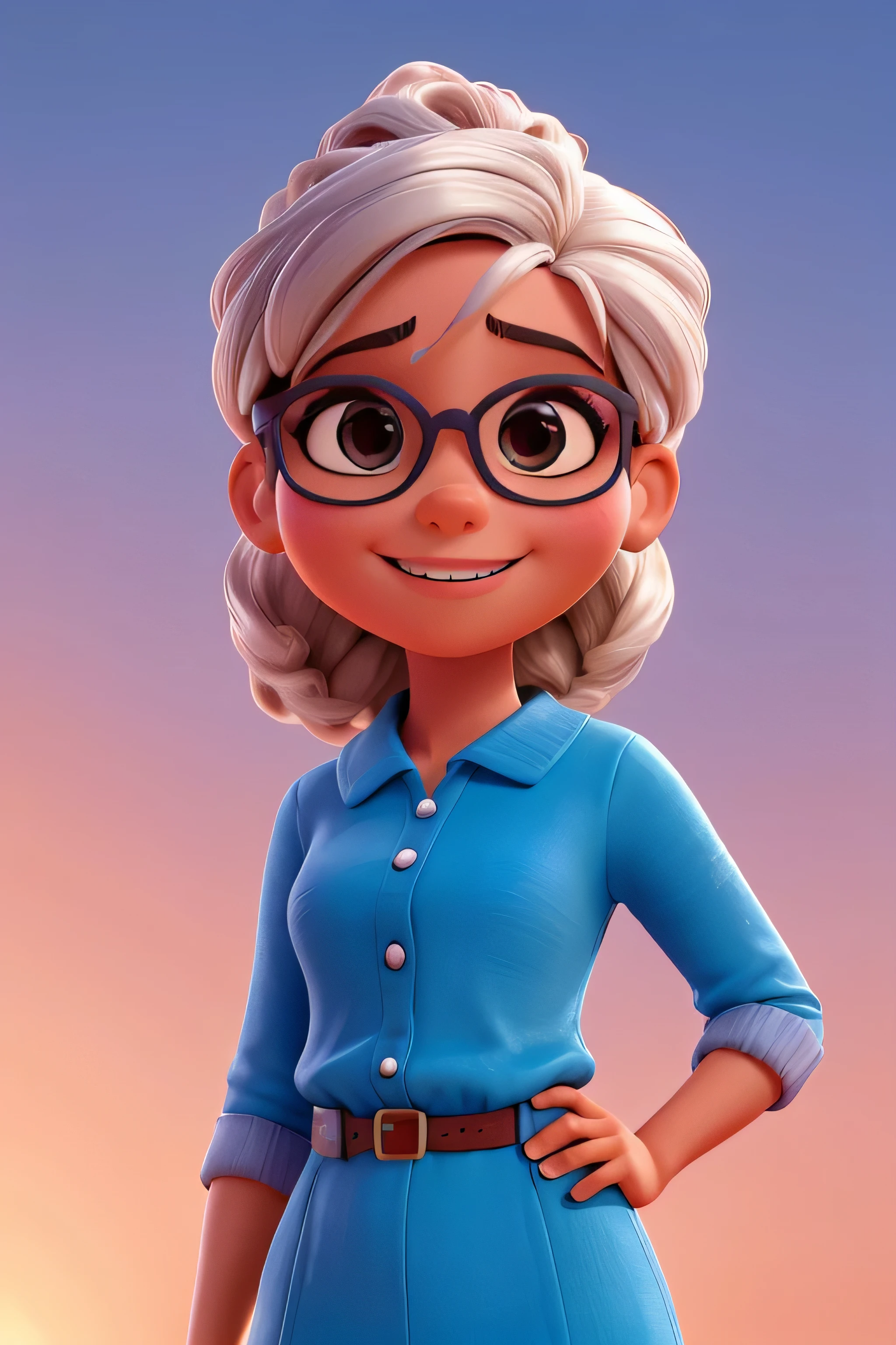 Imagem estilo Pixar com personagem 3D, an ebony woman, with glasses and , she is social media and well dressed on white background, bem bonito faca os ajustes que julgar necessario para melhor estetica ela tem cabelo cacheado medio volume cachos soltos castanhos mulher empoderada, Anos Imane, Andreia Rocha, inspired by Antonín Chittussi, Magalie Villeneuve, imagem profissional, Simone Graça, imagem profissional, imagem de perfil, imagem de alta qualidade, Alanis Guillen, inspirado em Araceli Gilbert Maquiagem Disney,Pescador, bonitinho, sorridente ,fechar-se, Pixar, Disney, cinema lighting, INFO