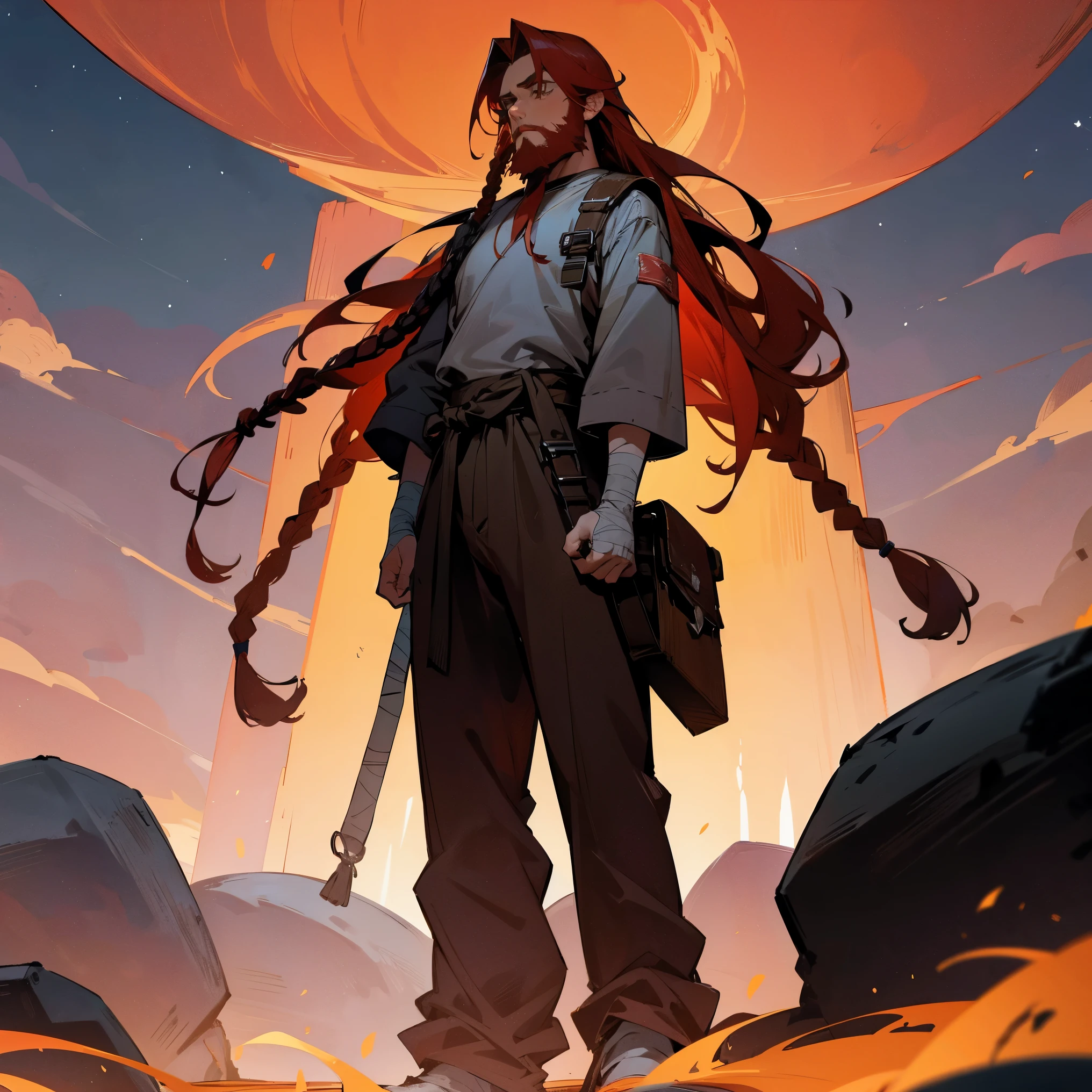 1male, adult, beard, finely detailed brown eyes, long dreads, red ombré hair color, compression shirt, loose baggy pants, bandages wrapped around arms, standing with arms folded, standing on open trail, night, village, muscular, serious, confident