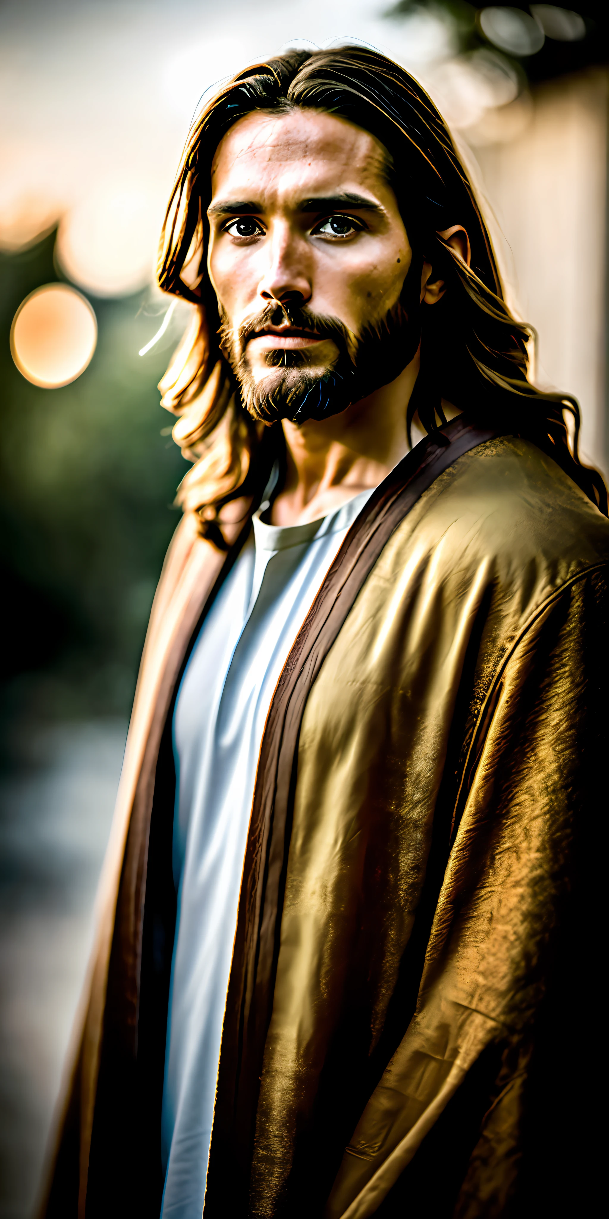 retrato do moderno Jesus Cristo, Cinematic lighting, profundidade de campo, bokeh, realismo, fotorrealista, hiperrealismoo, Fotografia Profissional, Ultra HD, dslr, hdr