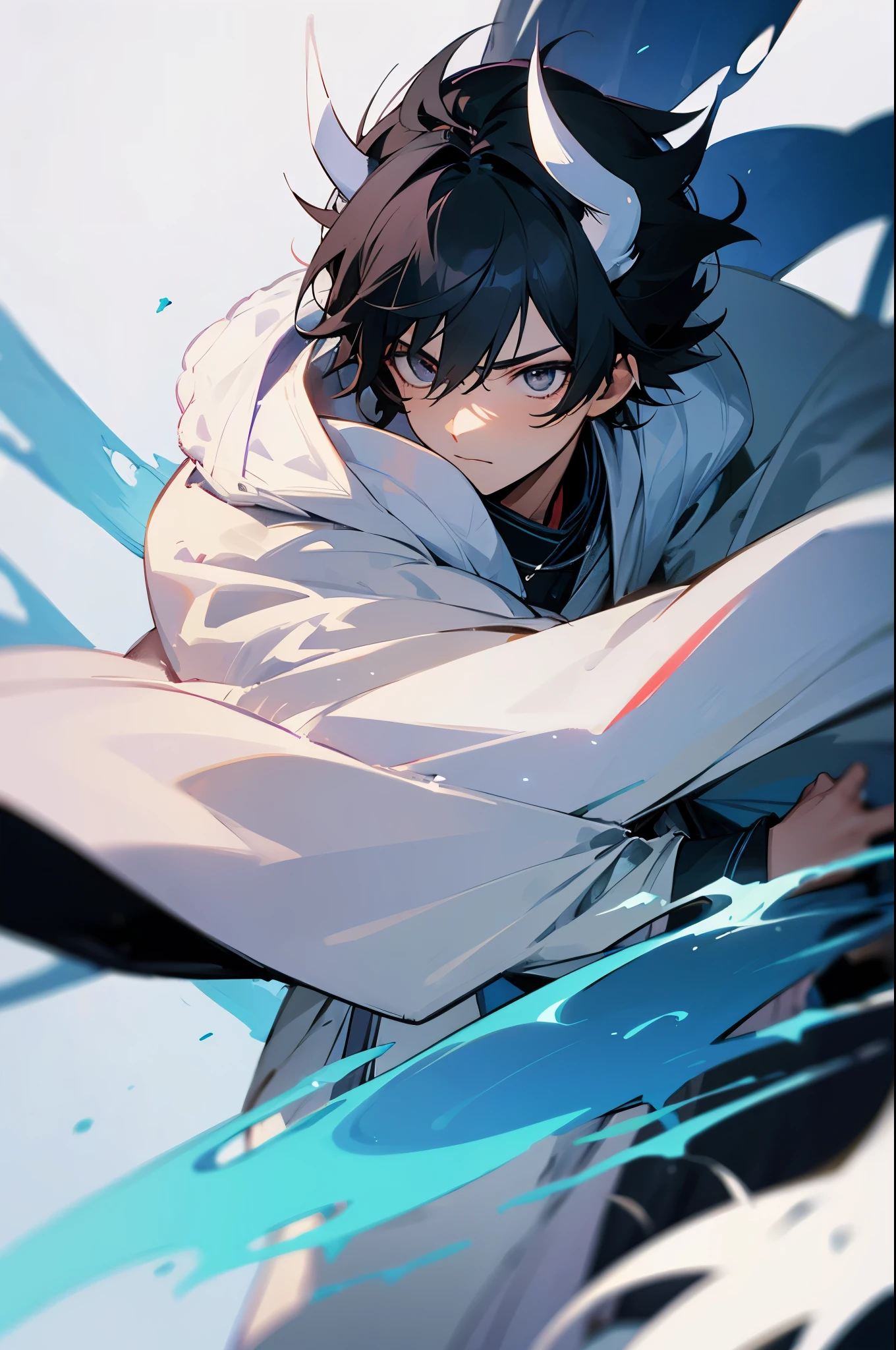 white horns, thunder background, white cloak, raijin outfit, black hair, young male, godly