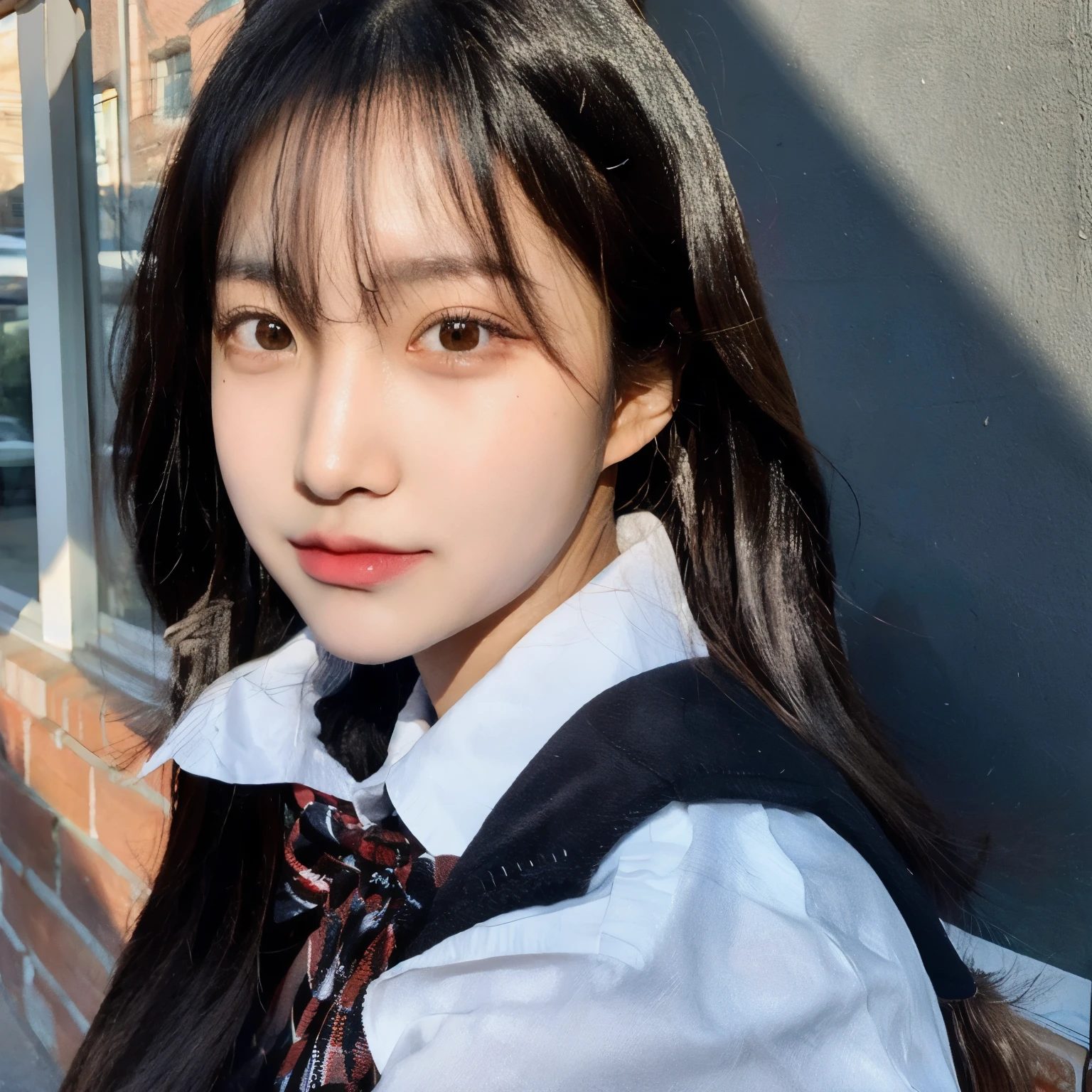 (1 Korean star with royal sister style), ((Best quality, 8k, Masterpiece: 1.3)), focal point: 1.2, Perfect body proportions: 1.4, (Make a smile),  Watery eyes, Highly Detailed Face and Skin Textur, Fine eyes, Double eyelids, Whitens the skin, (long whitr hair, By bangs: 1.3), (face round: 1.5), (JK school uniform: 1.4), (Lace view: 1.6),(black lence stockings: 1.4),(JK style:1.4),(nighttime scene:1.3),(A bustling city:1.3)