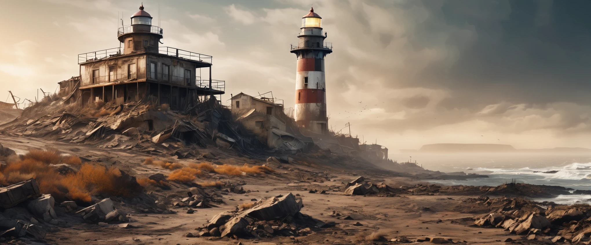 post-apocalyptic world, seas dried up, destroyed buildings, the only building complete and working is a lighthouse, it stands on the rocks surrounded by dried up land and rocks and destroyed houses, no water, damaged and rusty vehicles, panoramic view, high resolution, immersive background, 8k, raw photo,