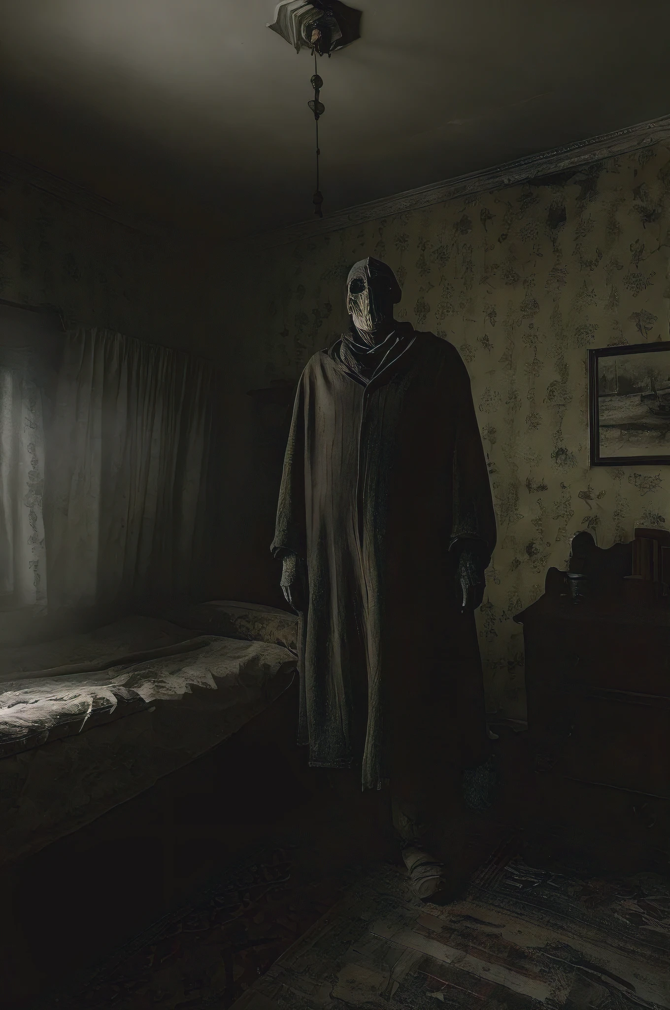 colour photograph mister blanket, a man-blanket hybrid standing in a bleak 1940s bedroom in England, dark, sinister, evil and menacing, decay, misty and foggy, eerie, haunting, detailed face skin textures and eyes, hyperrealism