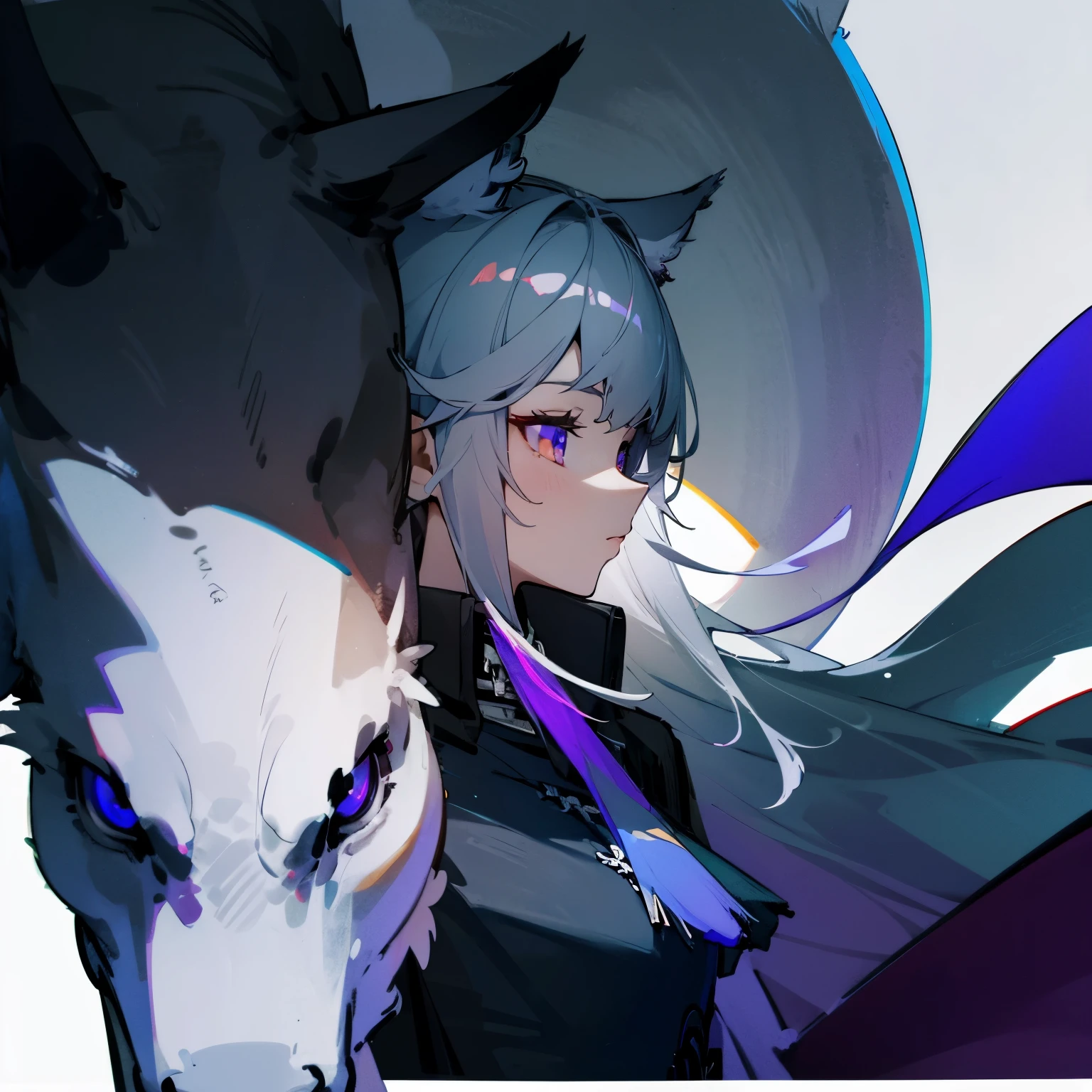 Girl with white hair bright violet eyes and wolf ears