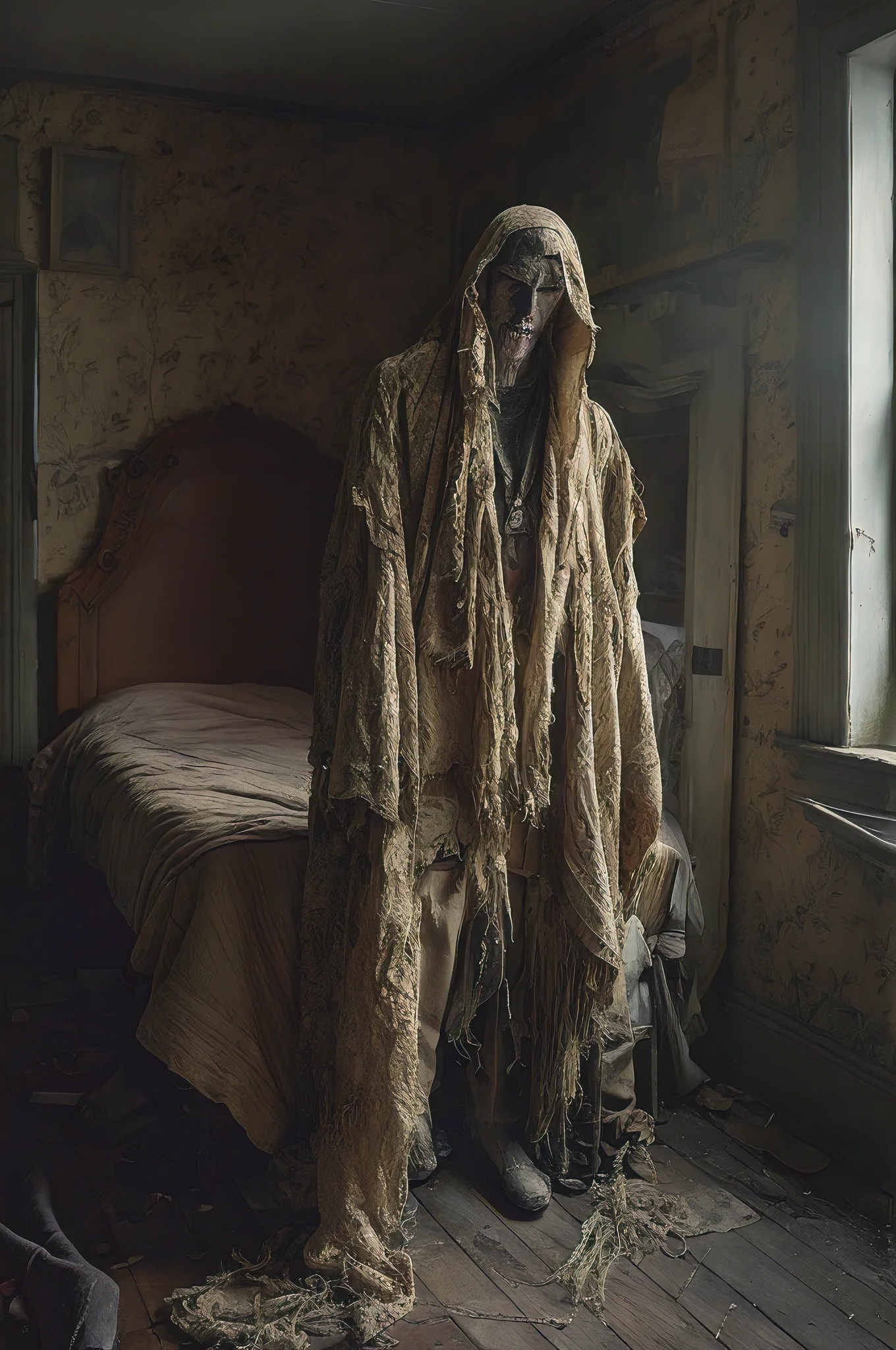 colour photograph mister blanket, a man-blanket hybrid standing in a bleak 1940s bedroom in England, dark, sinister, evil and menacing, decay, misty and foggy, eerie, haunting, detailed face skin textures and eyes, hyperrealism