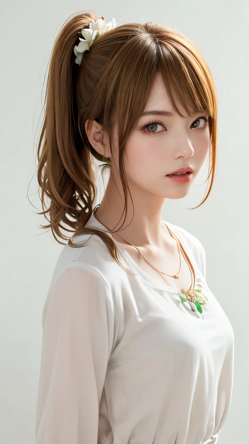 (highest quality、8k、32K、masterpiece)、(RAW photo)、(realistic)、(Photoreal:1.2)、(High resolution)、Super detailed、very beautiful face and eyes、1 girl、round and small face、thin waist、delicate body、(highest quality、high detail、rich skin details)、(highest quality、8k、oil paint:1.2)、Super detailed、(realistic、realistic:1.37)、bright colors、(((cheeks are flushed)))、(((golden hair)))、(((brand hair)))、(((loose perm hairstyle)))、(((Upper body)))、(((white background)))、(((side tail hair)))、(((pure white wall background)))、(((Wearing a green and white cut-and-sew shirt)))、(((pure white wall background)))、(((green and white checkered clothes)))、(((long cut and sew shirt)))、(((Has a sharp look)))、(((wearing a flower-shaped necklace)))、(((wearing a green shirt)))、(((touching my lips with my right hand)))、(((I'm blonde、It is a side ponytail)))