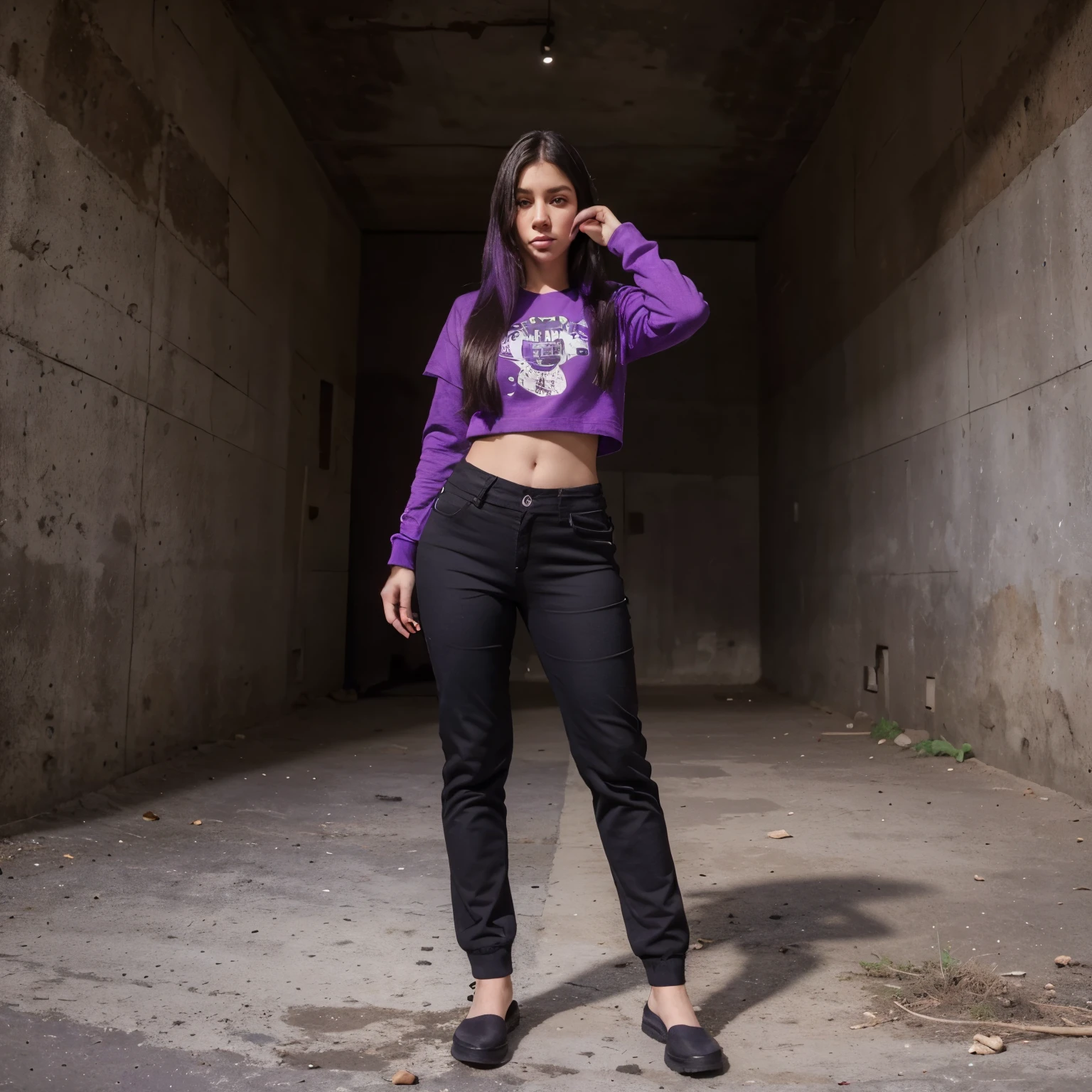 1 girl animation, animal_ouvidos, long pants, full body view, Wide angle, gradiente, gradiente_fundo, preto_fundo, olhando_no_visualizador, roxo_cabelo
